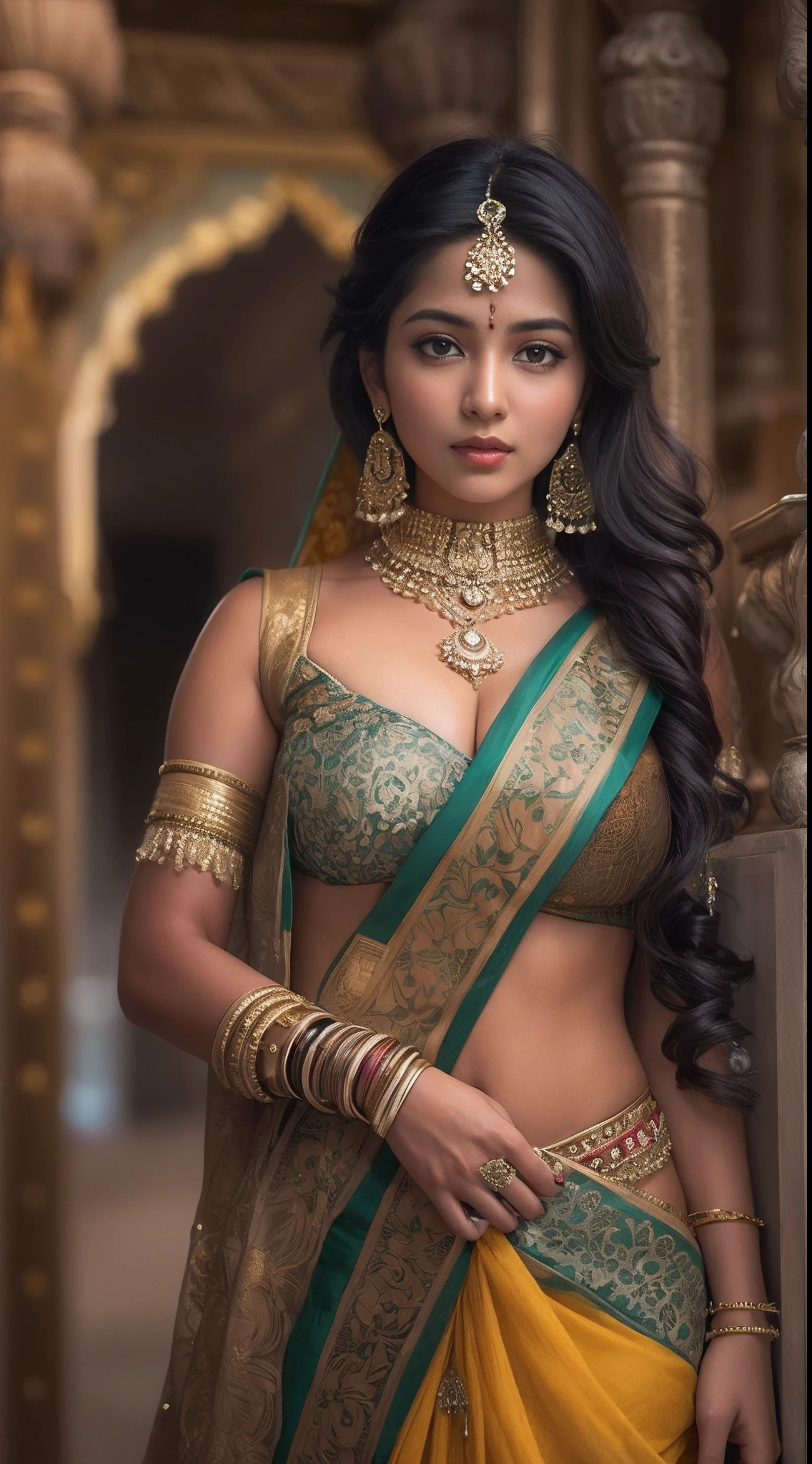 a woman in a sari posing for a picture, indian goddess, traditional beauty, indian, beautiful goddess, ornate cosplay, indian style, indian super model, beautiful maiden, gorgeous woman, south east asian with long, provocative indian, gorgeous beautiful woman, intricate outfit, hindu aesthetic, beautiful asian girl, extremely detailed goddess shot, jaw-dropping beauty, big boobs deep cleavage sexy navel