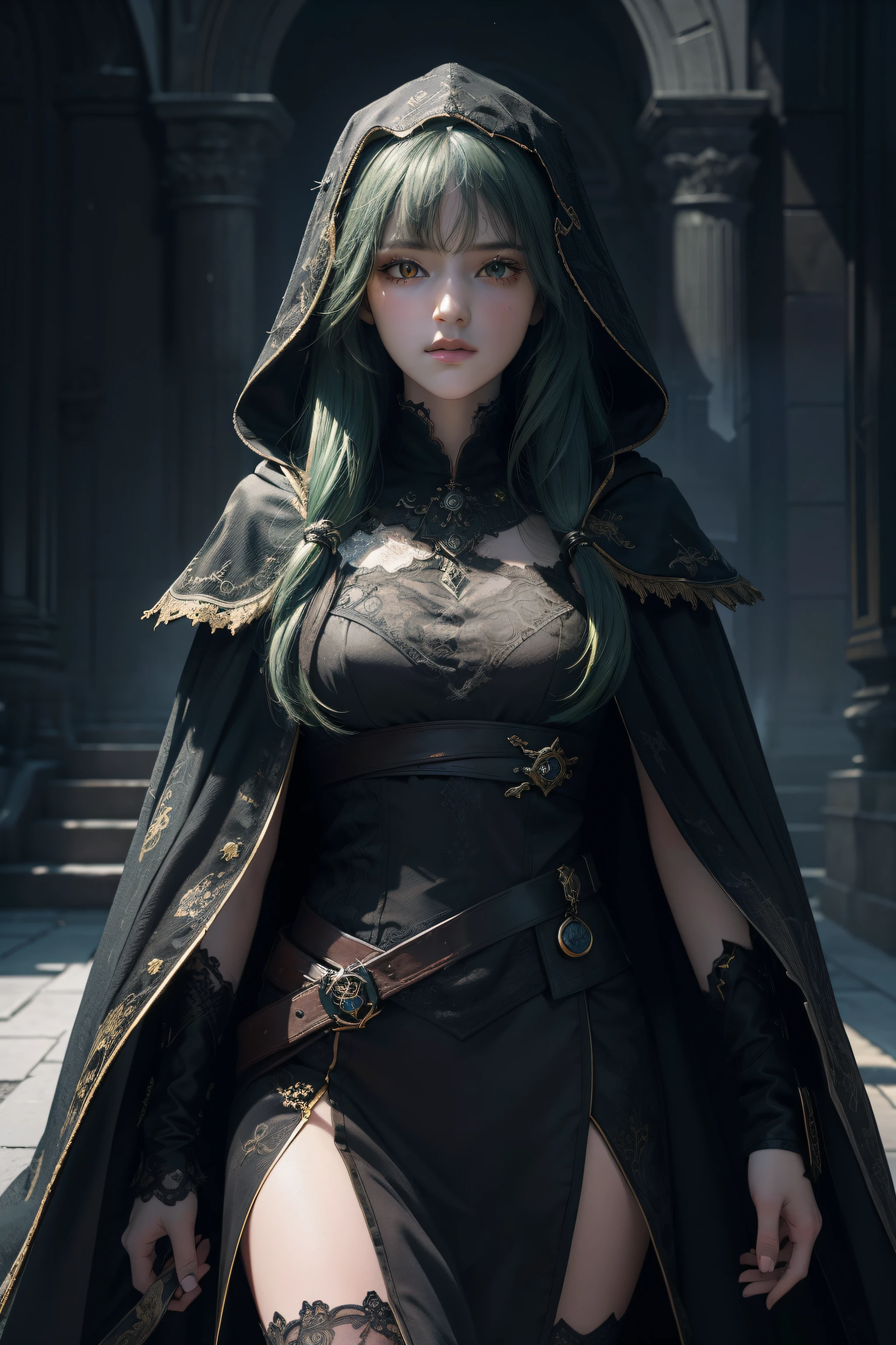 Best quality,Highly detailed,Masterpiece,Ultra-detailed,illustration,Expressionless,apathy,Yellow eyes,{Black cloak},Extremely detailed Cg Unity 8K wallpaper,complex pattern,Best quality,illustration,{1 girl},teens girl,{Masterpiece},Green hair