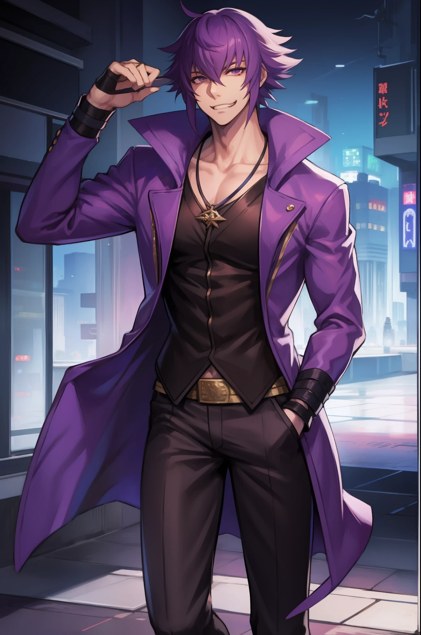 mirokujiyuuya, yanke, short hair, purple hair, ,, vest, pants, ,, pullover, coat, smug, standing, solo focus, full body, walking, city, one character,, 1boy, glass, smug, arrogant,mid muscular,full clothed, muscular pec, black-shirt, full body