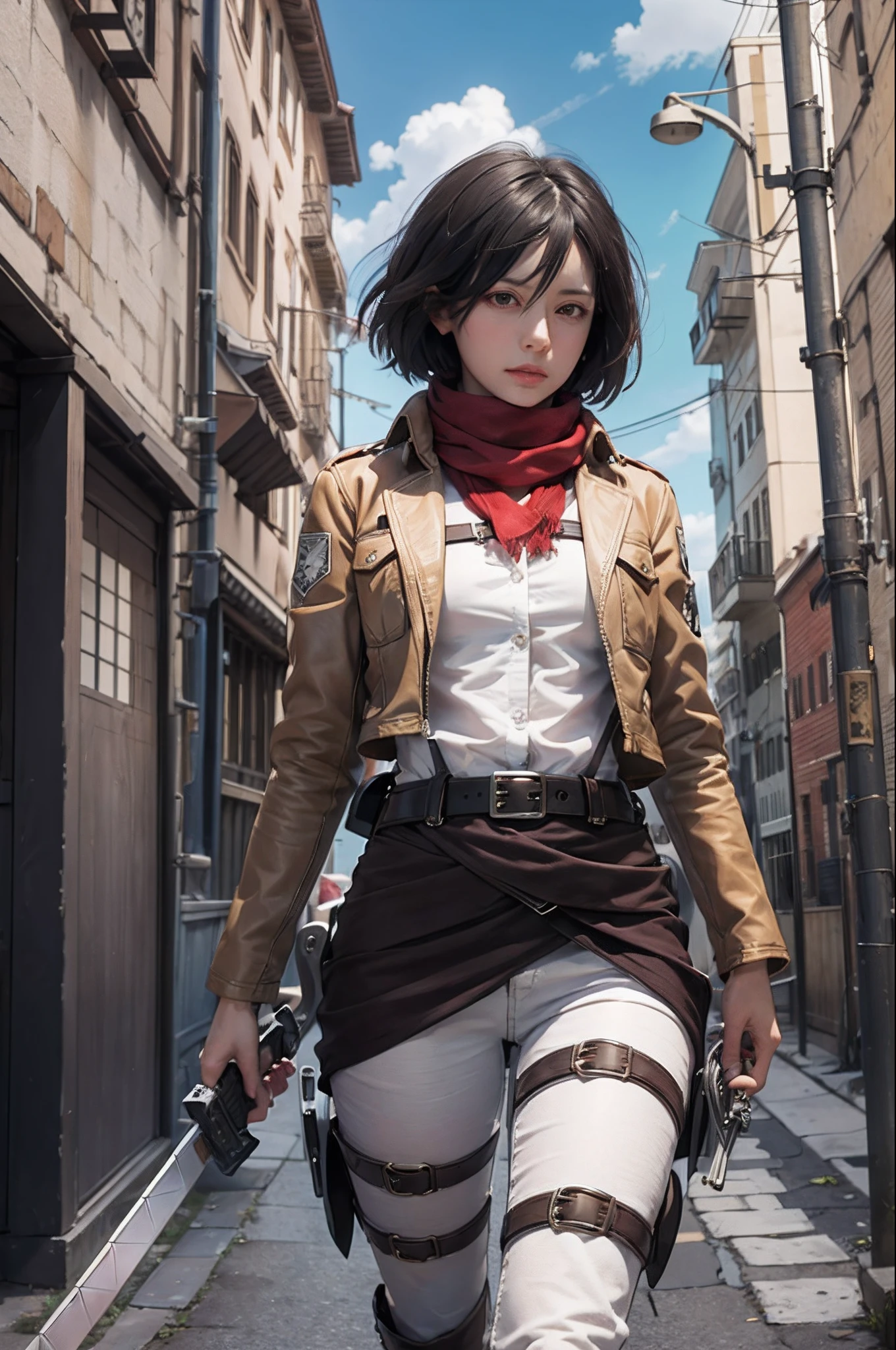 Mikasa, Masterpiece, Best quality, A high resolution, Short hair, Black eyes, Scarf, emblem, belt, thigh band, Red scarf, White pants, Brown jacket, Long sleeves, holding weapon, sword, dual wielding, Three-dimensional electric gear, Arms spread wide, standing on one leg, Wide shot, sky, Highest quality, high resolution.