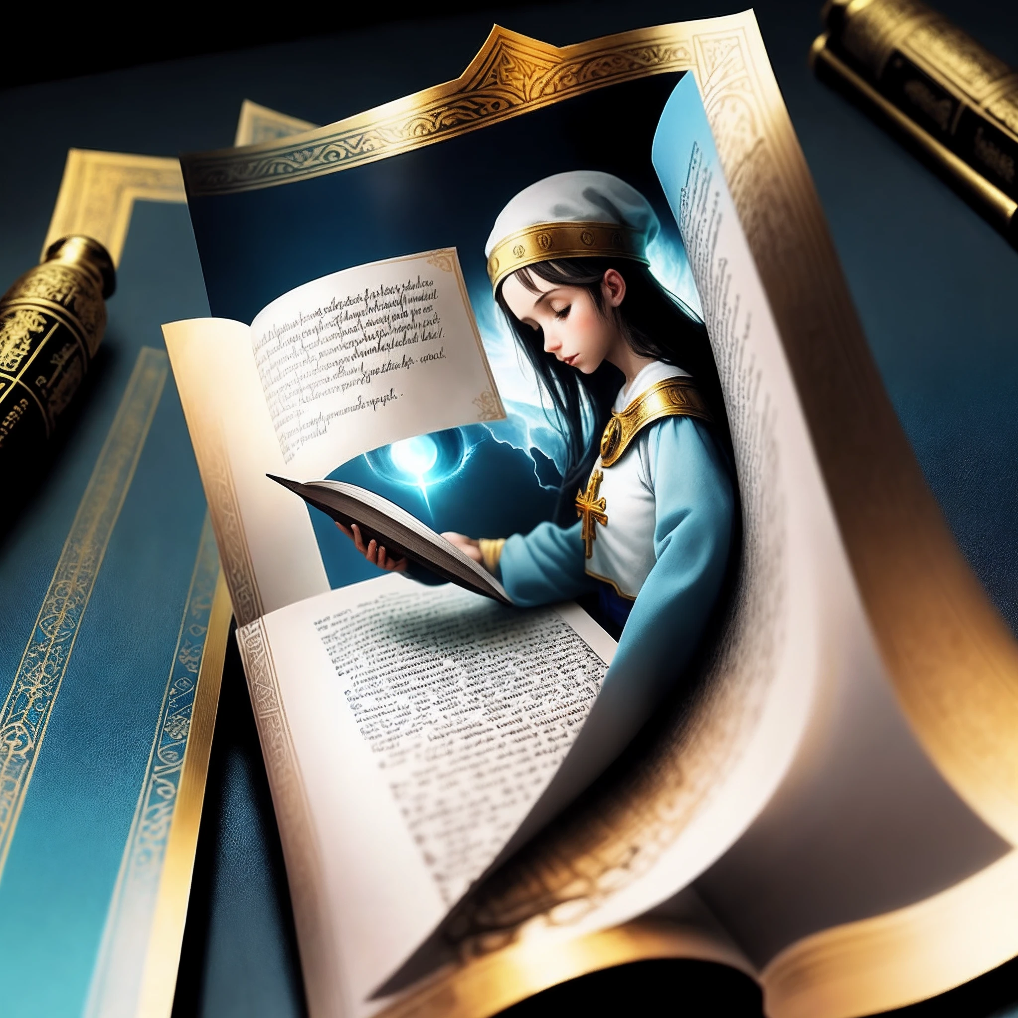 "Imagine a profile picture that combines elements of the Bible, como um livro sagrado aberto ou uma vela acesa, com um toque moderno. Use cores suaves e inspiradoras, como azul celeste e dourado, para transmitir a seriedade do assunto, but also hope and curiosity. Adicione detalhes sutis, like question icons or a scroll unrolled with intriguing keywords from the Bible. Make sure the image has a visual balance that makes it attractive and informative at the same time."