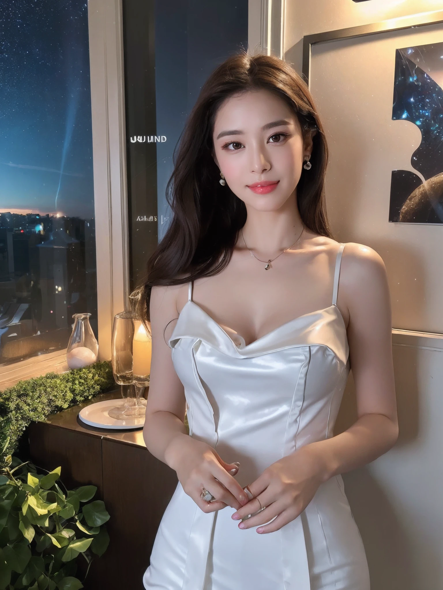 (8K, RAW photo, Photorealistic:1.25) ,( Gloss on lips,glossy finish, Glossy glossy skin, Best quality, 超A high resolution, color difference, Caustics, Wide light, naturalshadow) look with serenity and goddess-like bliss to the spectators,(depth of fields:1.6), (colorful unfocused lights on background:1.2) ,very natural make-up,Cloudy day shooting ，Large breasts，slender eyes.downcast eyes. A distant look in her eyes、（Smile:2）Smile，(Gorgeous summer dress)(Fashion professional model)、Radio City、Medium hair