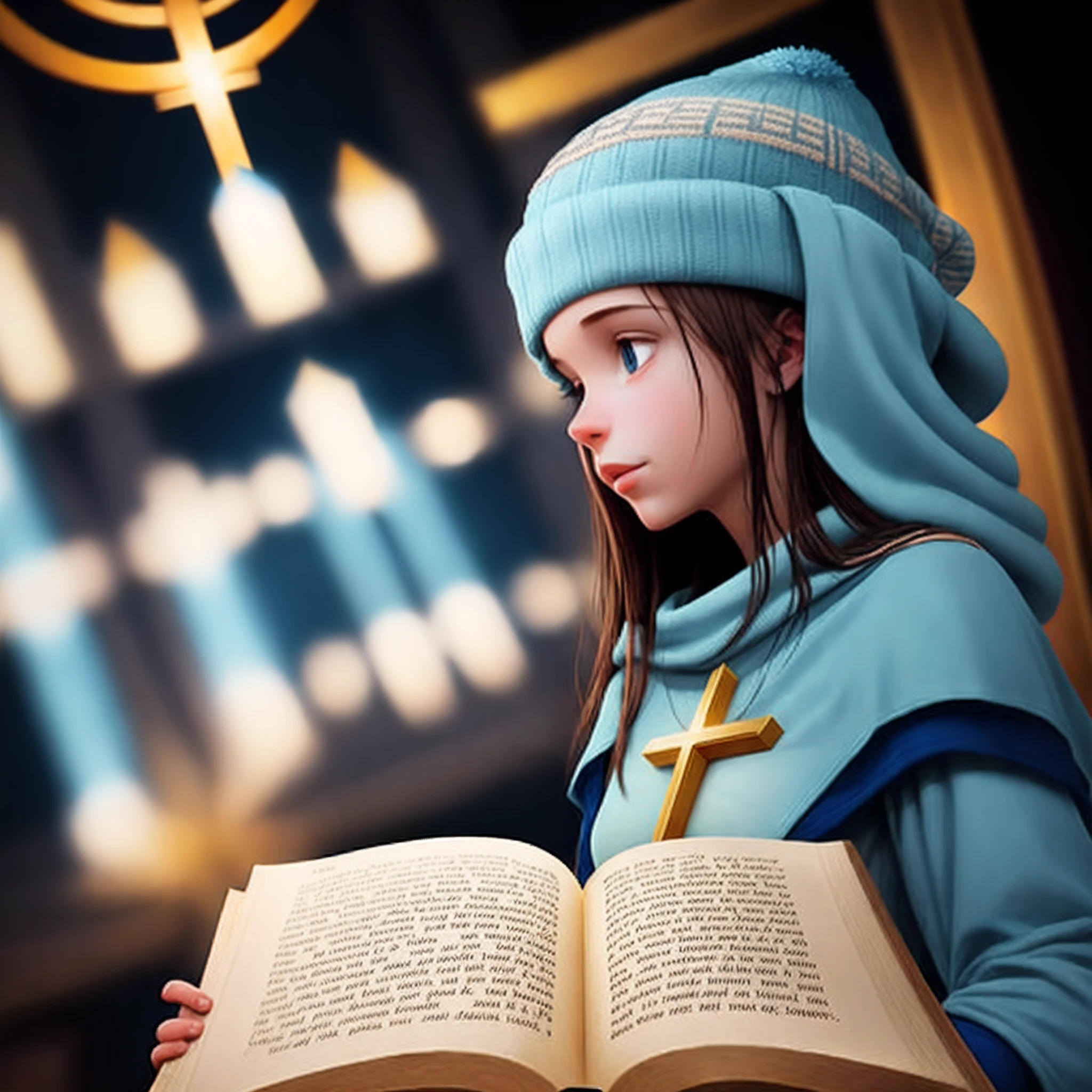 "Imagine a profile picture that combines elements of the Bible, como um livro sagrado aberto ou uma vela acesa, com um toque moderno. Use cores suaves e inspiradoras, como azul celeste e dourado, para transmitir a seriedade do assunto, but also hope and curiosity. Adicione detalhes sutis, like question icons or a scroll unrolled with intriguing keywords from the Bible. Make sure the image has a visual balance that makes it attractive and informative at the same time."