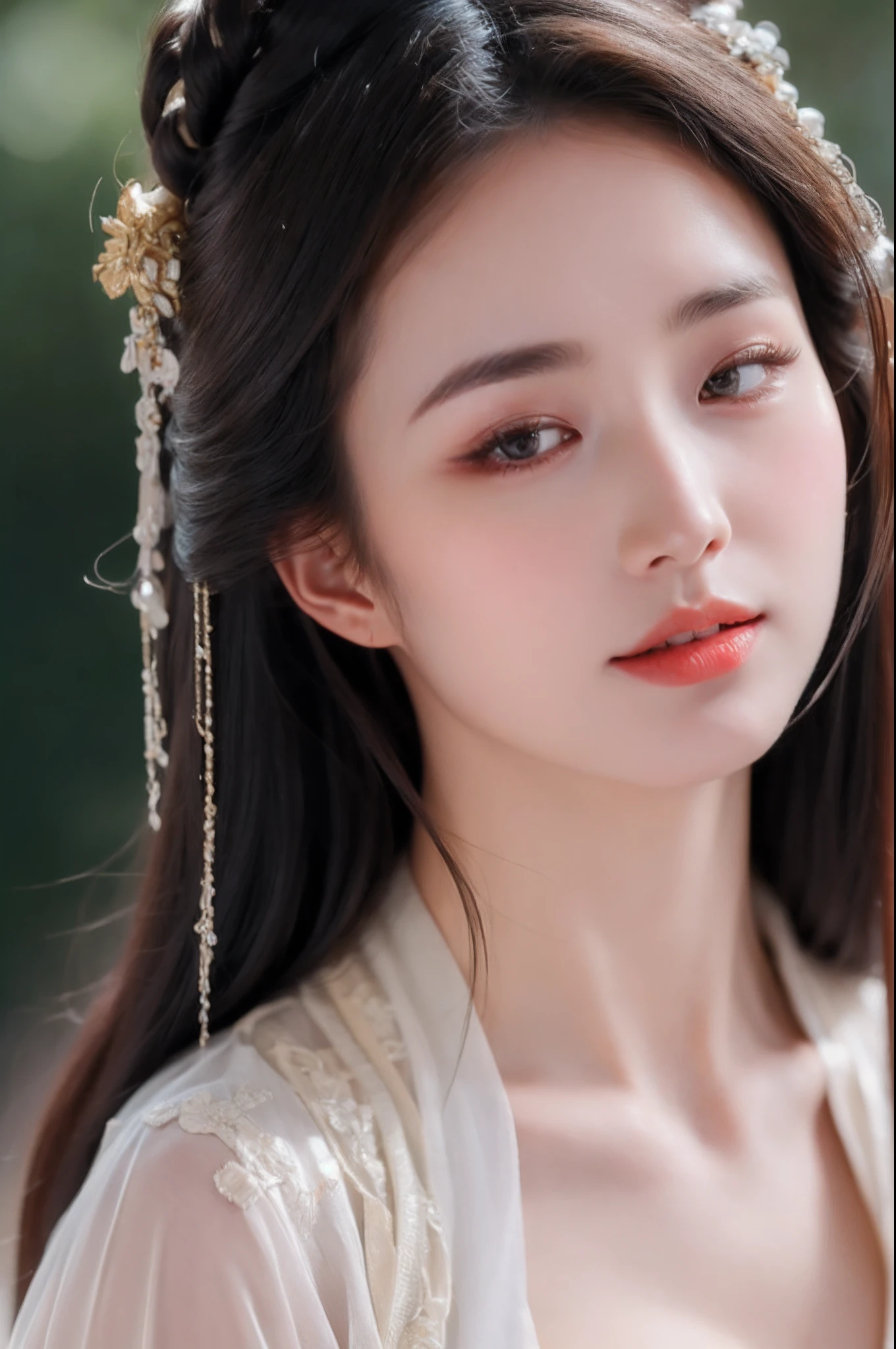 ((Best Quality, 8k, Masterpiece: 1.3)), Focus: 1.2, Perfect Body Beauty: 1.4, Buttocks: 1.2, ((Layered Haircut)), (Wet Clothes: 1.1), (Rain, Street:1.3), (Breasts: 1.2), (Hanfu: 1.2), Bare Shoulders, Bare Legs, Highly Detailed Face and Skin Texture, Fine Eyes, Double Eyelids, Whitened Skin, Long Hair, (Shut Up: 1.5), (Bokeh Background: 1.5), Big Breasts