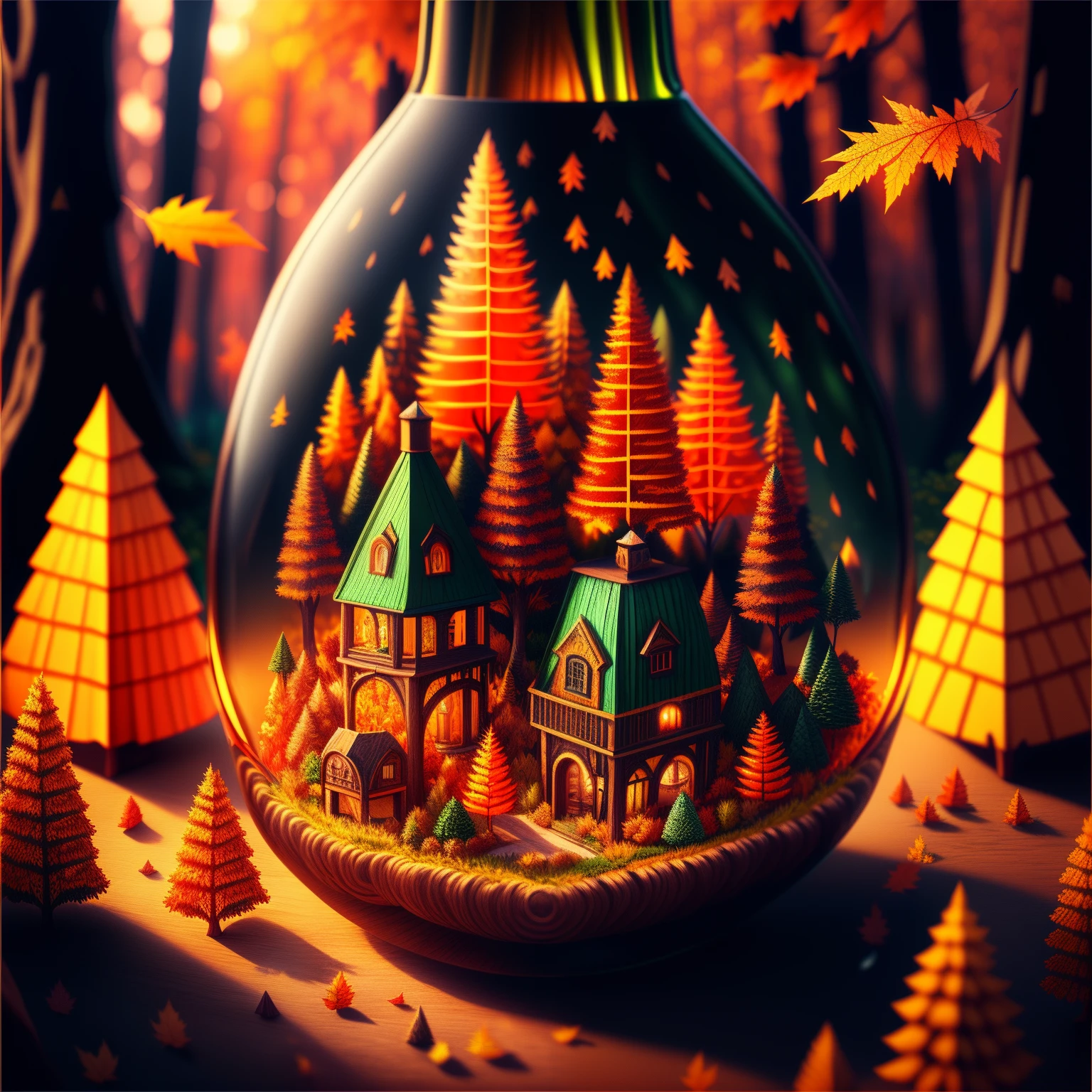 (Intricate autumn forest landscape of a mini-town, Locked in a bottle), Oliva Atmospheric Lighting, on the table, 4K UHD, Dark vibes, hyper detailed, bright colours, Forest background, epic composition, Octane Render, sharp-focus, Isometric high resolution