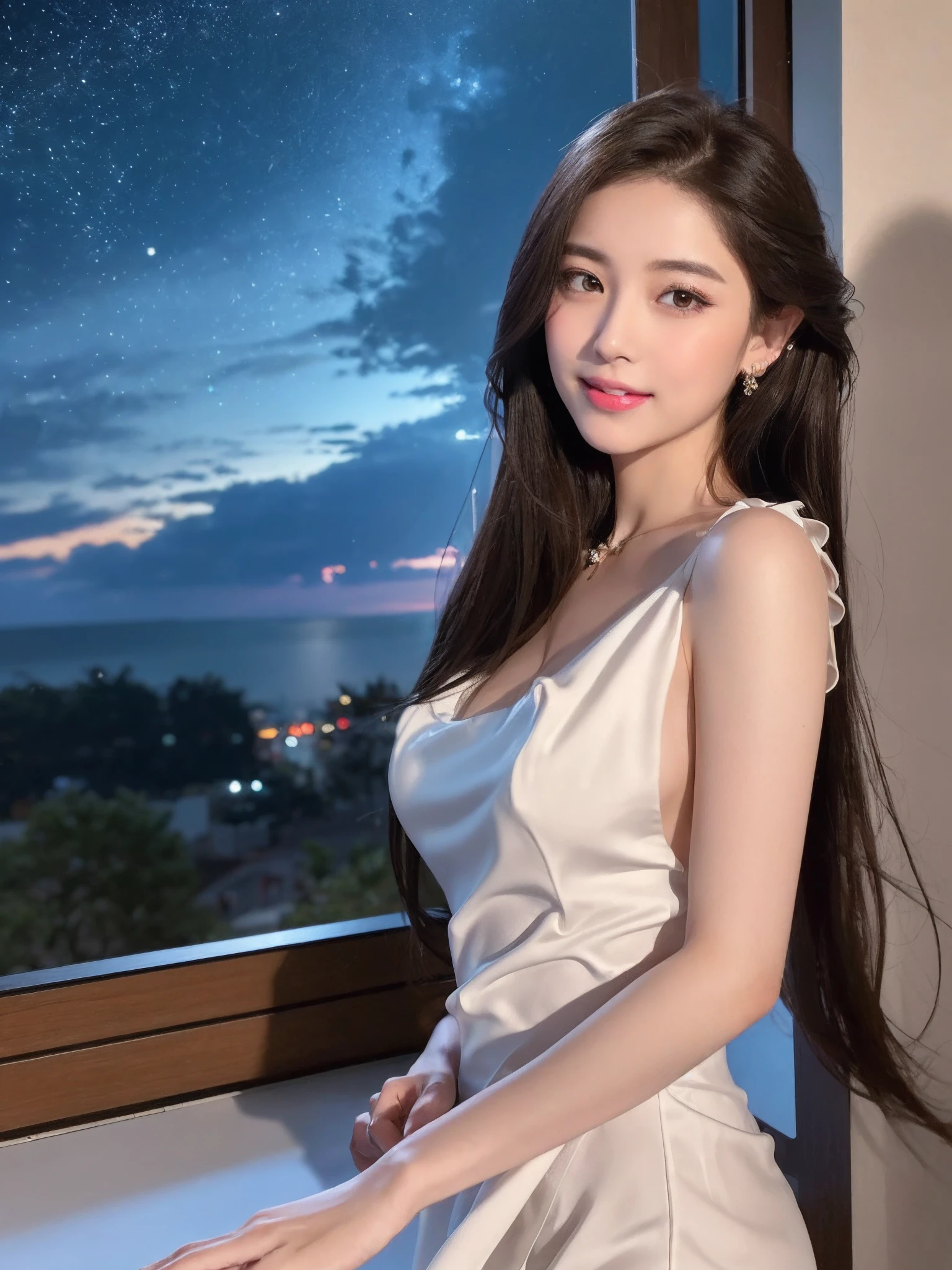 (8K, RAW photo, Photorealistic:1.25) ,( Gloss on lips,glossy finish, Glossy glossy skin, Best quality, 超A high resolution, color difference, Caustics, Wide light, naturalshadow) look with serenity and goddess-like bliss to the spectators,(depth of fields:1.6), (colorful unfocused lights on background:1.2) ,very natural make-up,Cloudy day shooting ，Large breasts，slender eyes.downcast eyes. A distant look in her eyes、（Smile:2）Smile，(Gorgeous summer dress)(Fashion professional model)、Radio City、Medium hair