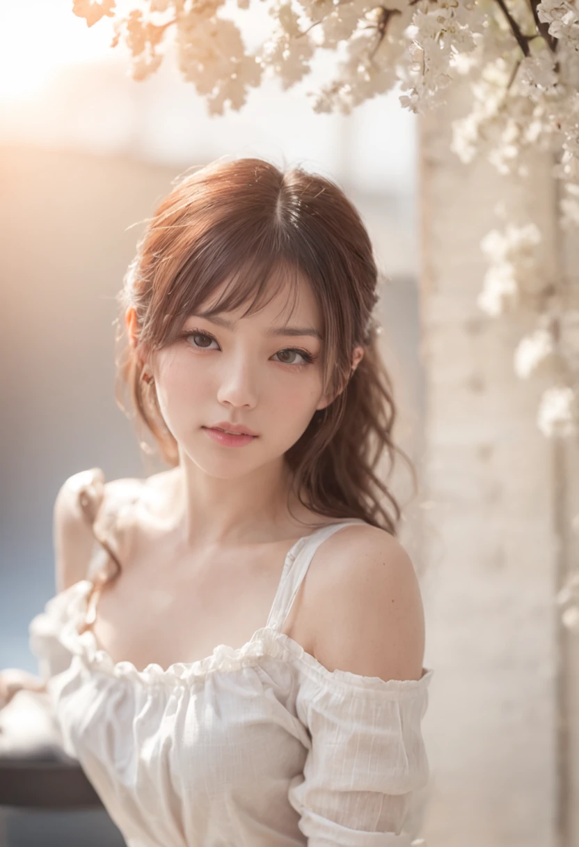 Best quality, masterpiece, ultra high res, (photorealistic:1.4), raw photo, 1girl, offshoulder, room, deep shadow, High key, realistic skin, wet, intricate light, masterpiece, sunset, twintail hair, strong wind, japanese girl, white tanktop, big breast