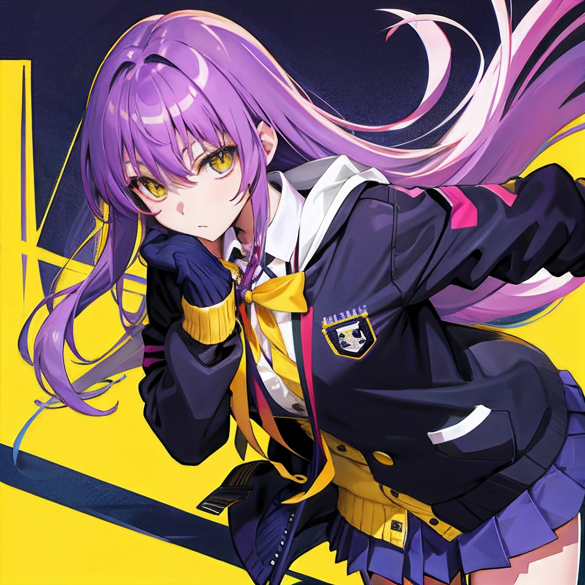 high school student,purple color hair,yellow eyes,Navy blue cardigan、No handle