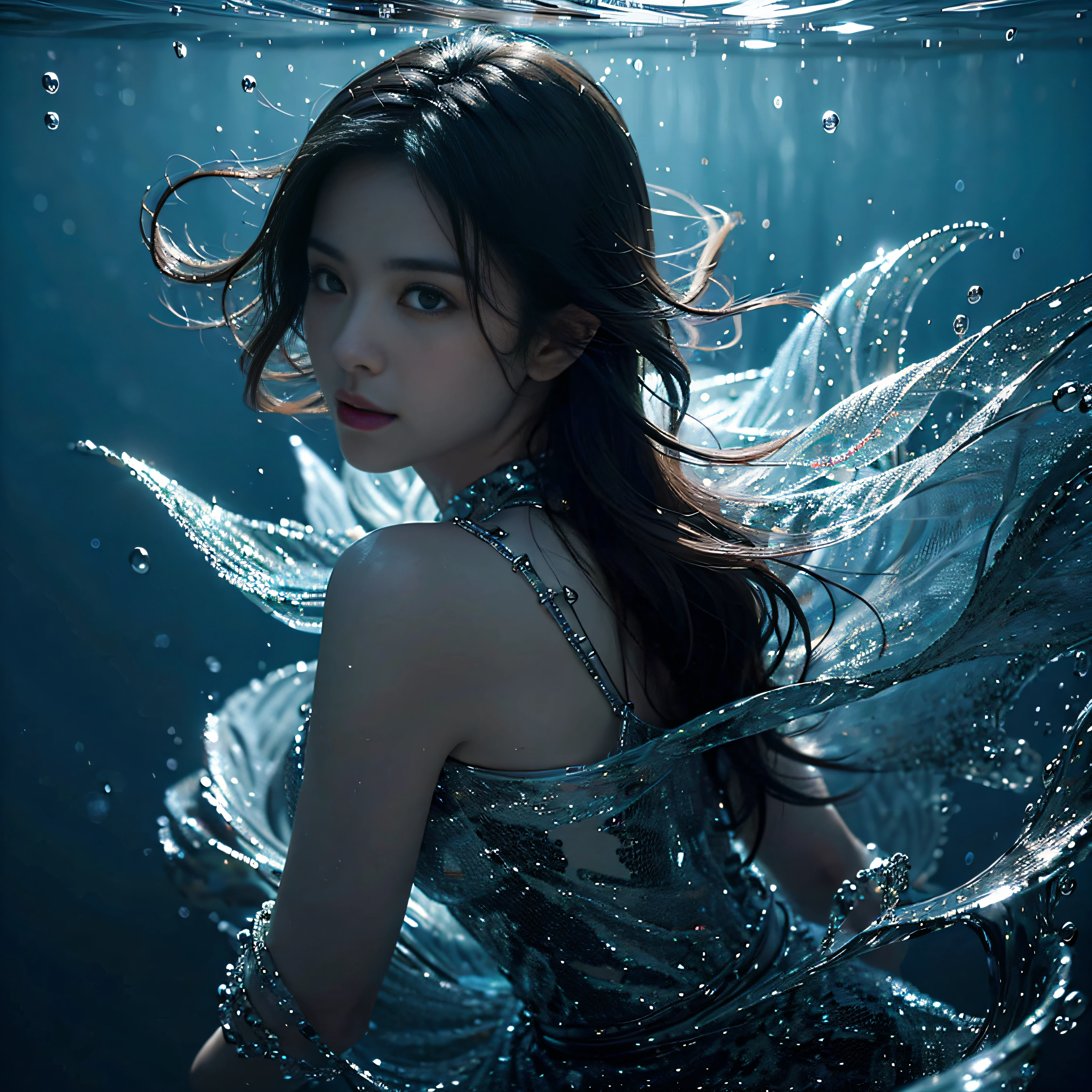 (tmasterpiece,top-quality,optimum,offcial art,Beautiful and beautiful,Long exposure:1.2),Smooth movement,Attractive pattern,one-girl,Adult women,Perfect skin,jade Eyes,Black leafy hair,sportrait,独奏,The upper part of the body,Gaze at the observer,detailedbackground,Detailed face,(Crystal AI,crystalline theme:1.1),Elemental Water Elves,Swirl water,Water control,The water flows around Makoto's clothes,dynamicposes,Floating particles,Ether dynamics, Eau,steamy,Background sea,blue tint,shores,Fantastical Atmosphere,mini-skirts。The water is as blue as spring water。Full face。Realism in the water。Light and shadow tracking,