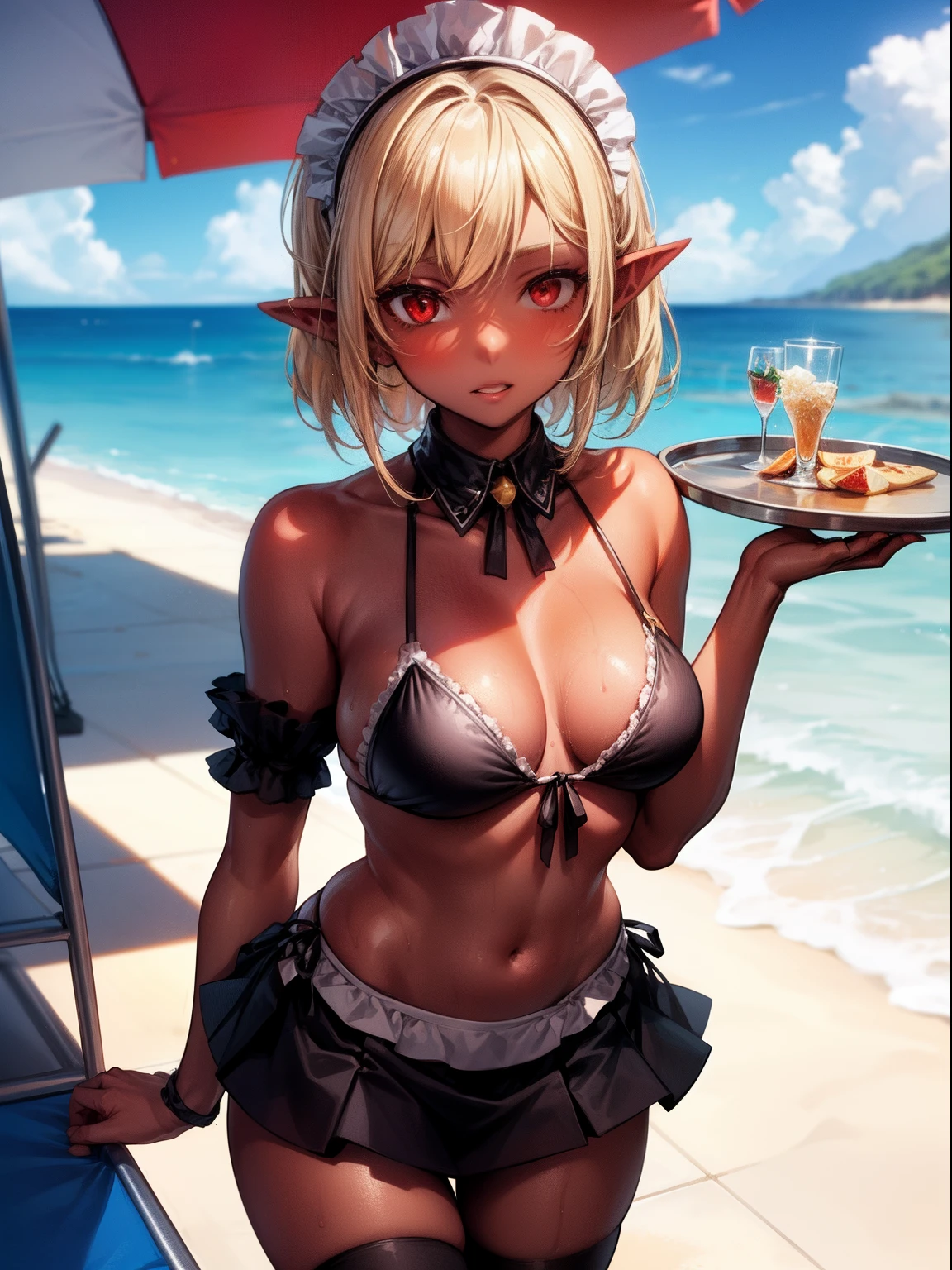 1girl,solo,blonde hairs,red eyes,black skin ,maid bikini,maid skirt, tray in hand,poolside,beach chair,standing,pointy ears