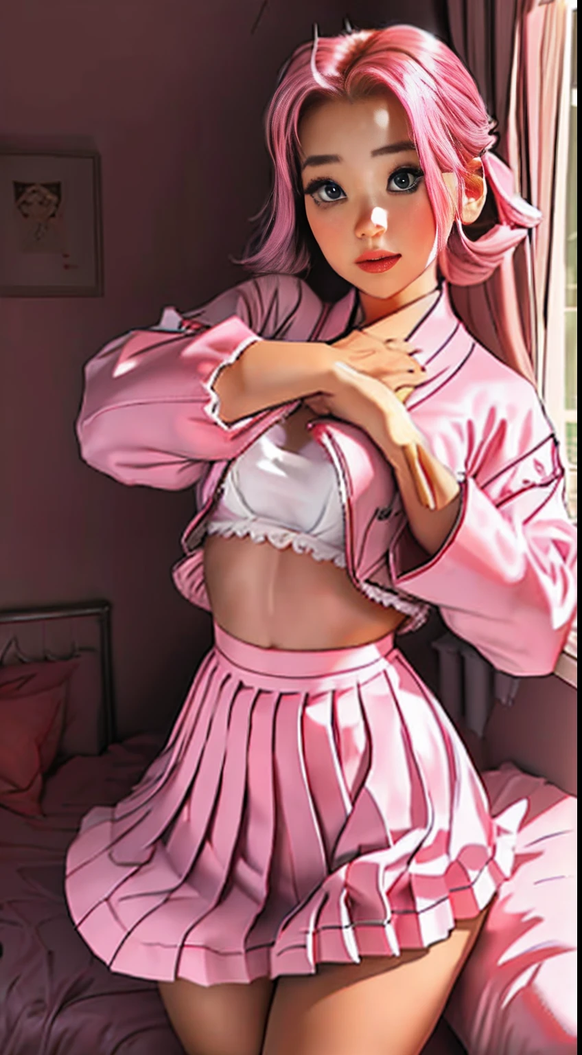 Beautiful illustration、top-quality、Cute little girl s、Bedroom、A pink-haired、length hair、(((Pink pleated skirt)))、(((pink sailor suit)))、shortsleeves、Colossal tits、a navel、Flipping up the skirt with your hands、Show white panties、Pull up your skirt and show your panties、bare-legged、blue eyess、on the beds、lovely thighs、glowing thigh --auto