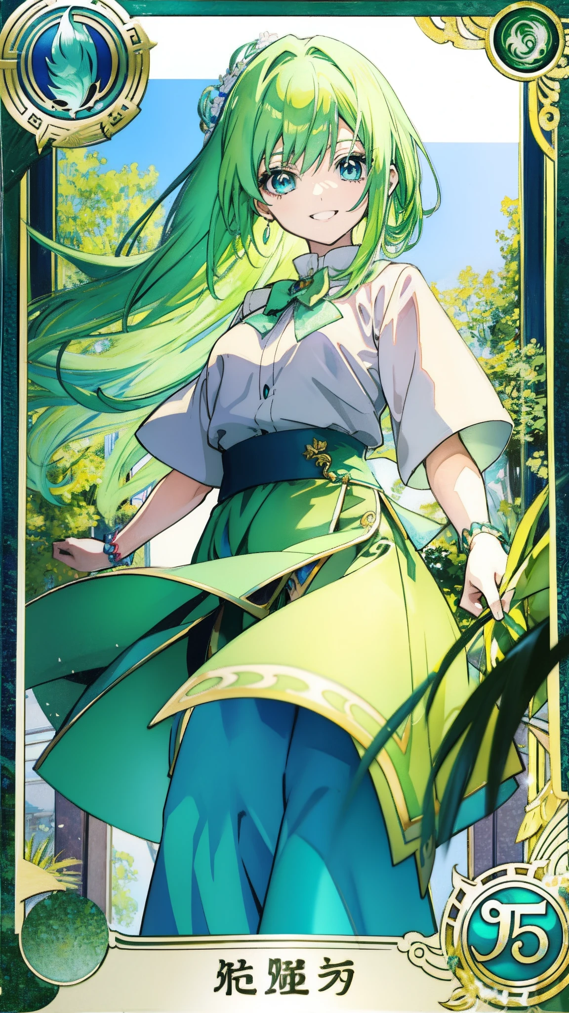 Anime goddess, Green vibrant hair, captivating blue eyes, Elegant and unique smile, Looks like anime art tarot cards.