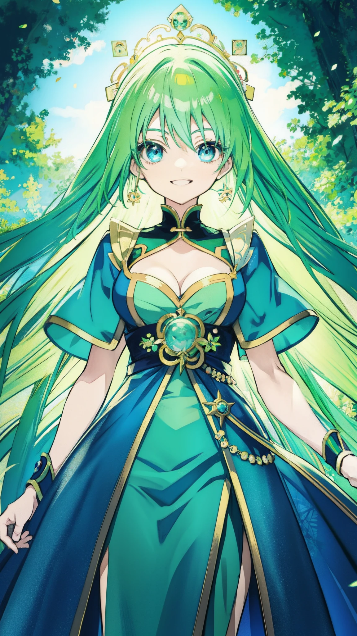 Anime goddess, Green vibrant hair, captivating blue eyes, Elegant and unique smile, Looks like anime art tarot cards.