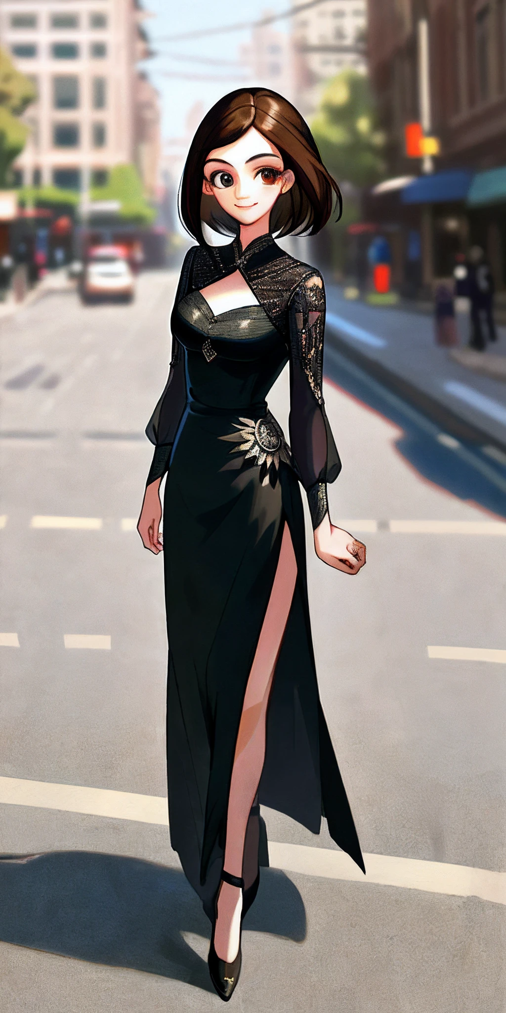 ((Best quality, 8k, Masterpiece :1.3)), 1girl, smiling, full body, slim face, Pretty woman, (Dark brown hair), full length dress :1.1, Ultra-detailed face, Detailed eyes, Double eyelid, blur background, slim face, city, outside, street,