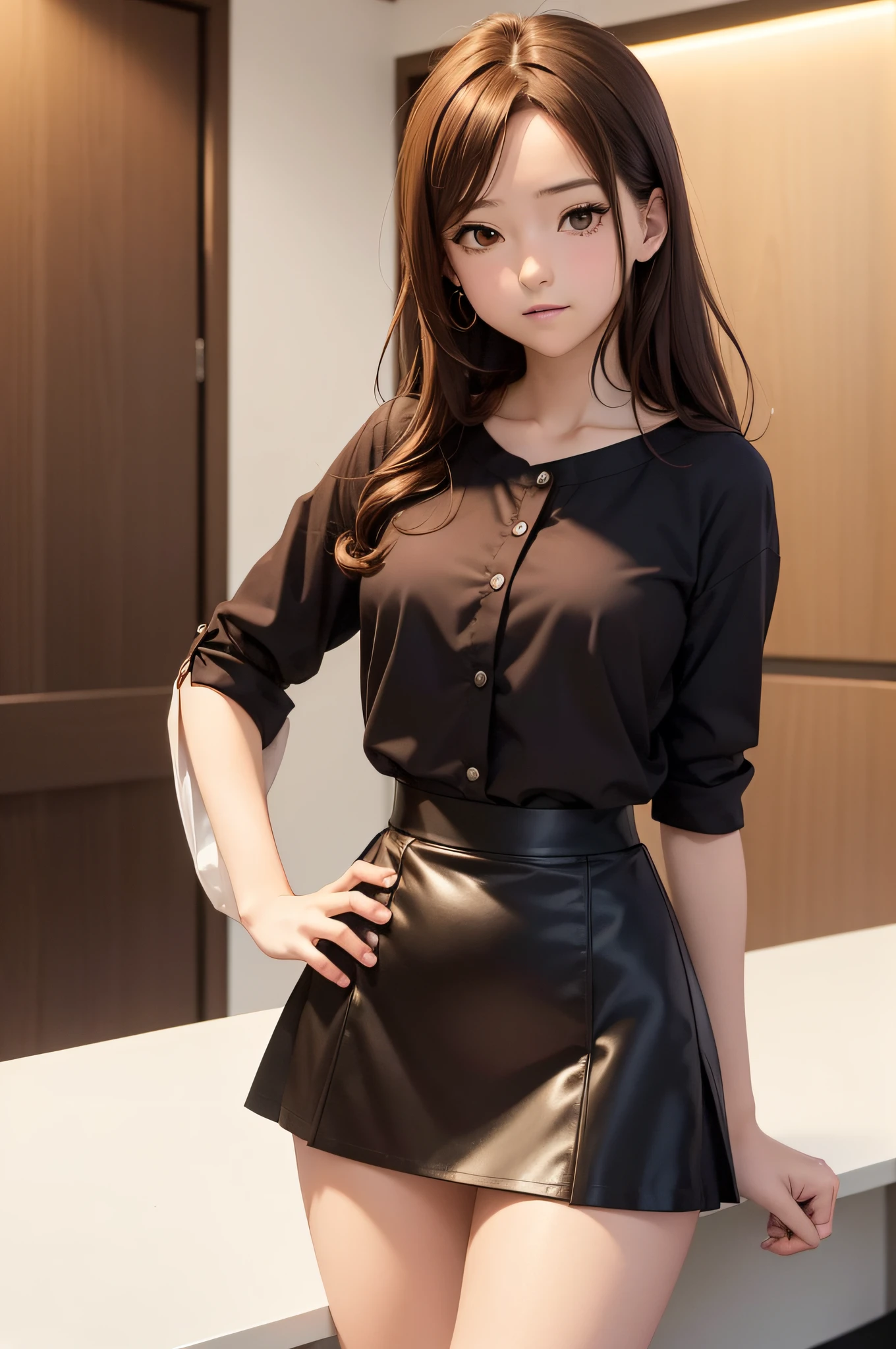 (masutepiece, Best Quality:1.3, Anime style), 1girl in, nice hand, Cowboy Shot, Upper body, Flirting, 18year old, Beautiful hips, Brown hair, Curly hair, Hazel eyes, Hairstyle for the front layer, Unbutton, Black skirt, White shirt, University, Fair thighs, Office, work