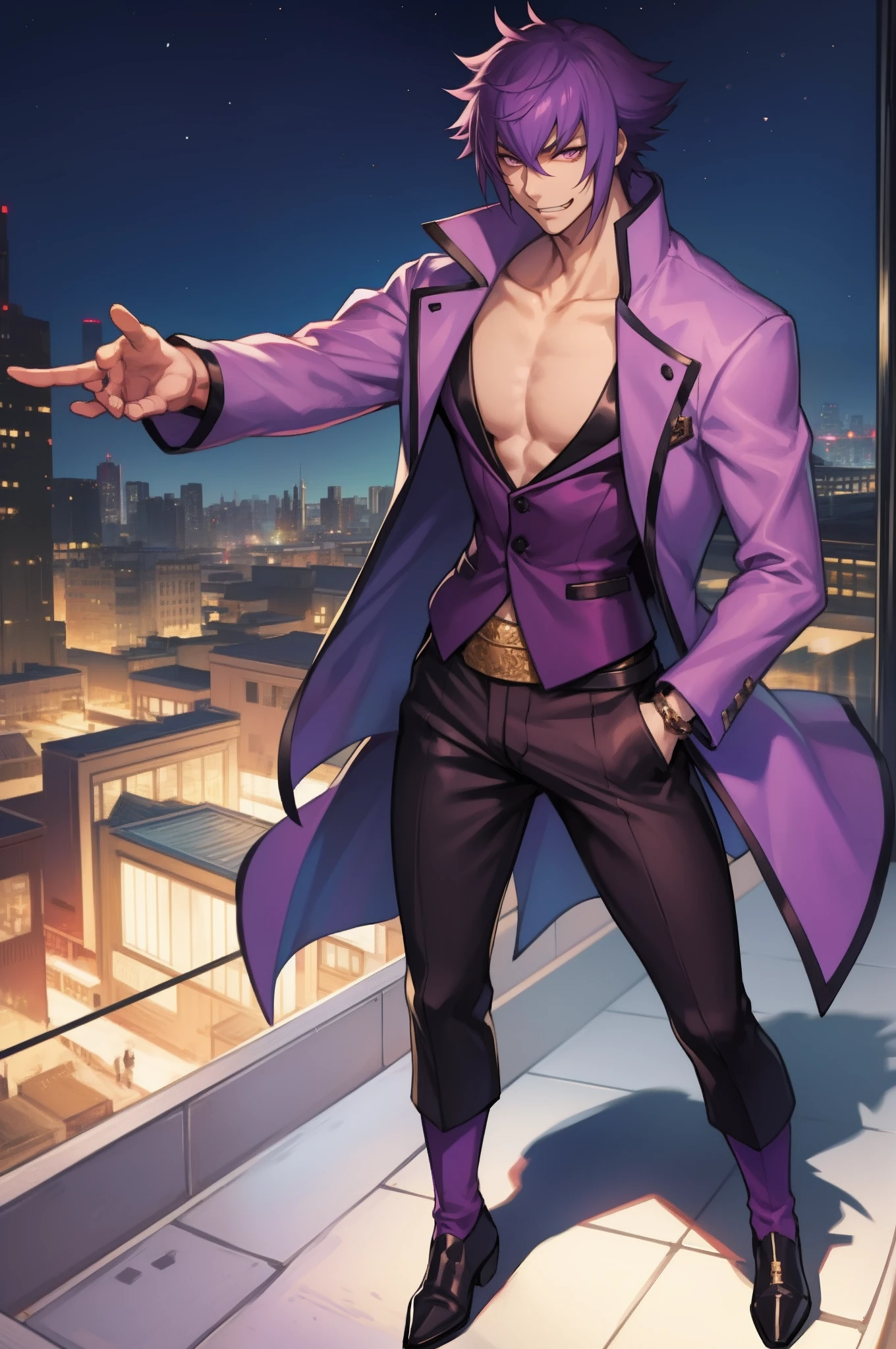 mirokujiyuuya, yanke, short hair, purple hair, ,, vest, pants, ,, pullover, coat, smug, standing, solo focus, full body, walking, city, one character,, 1boy, glass, smug, arrogant,mid muscular,full clothed, muscular pec, black-shirt, full body