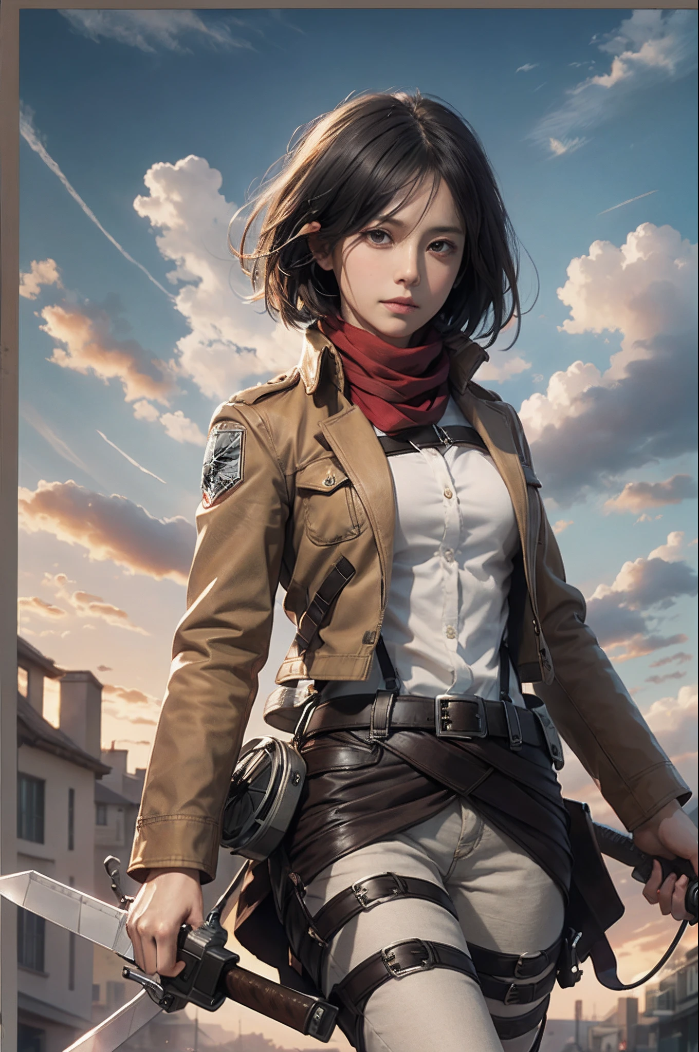 Mikasa, Masterpiece, Best quality, A high resolution, Short hair, Black eyes, Scarf, emblem, belt, thigh band, Red scarf, White pants, Brown jacket, Long sleeves, holding weapon, sword, dual wielding, Three-dimensional electric gear, Arms spread wide, standing on one leg, Wide shot, sky, Highest quality, high resolution.