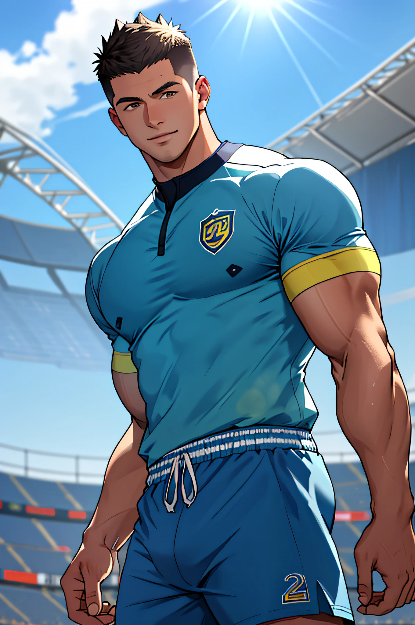 Draw a full-fledged athlete，Stand on the central field of the gym，He wears high-end sportswear，The man looks confident and determined，rays of sunshine，cheerful big breasts，Handsome，Crew cut，full bodyesbian，shooting from below，