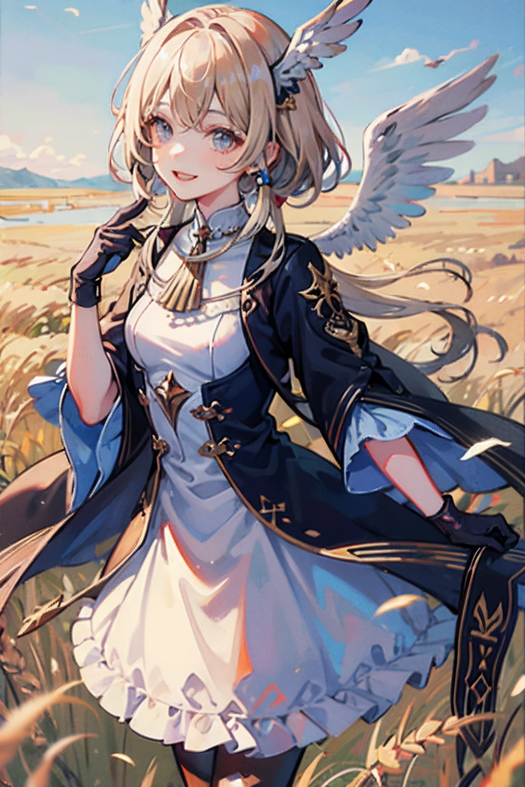 Illustration, ​master piece, Best Quality, 
1girl in, Solo, Small breasts, Hand up, 
cheerful smile, laugh, , up close shot, 
valkyrie, Feather Headgear, short small angel wings, Silver Gauntlet, gloves, 
swept bangs, Long Plutinum Blonde Hair, drooping eyes, 
white lace dress, Necklace, Thigh boots, pantyhose, 
wheat field background,