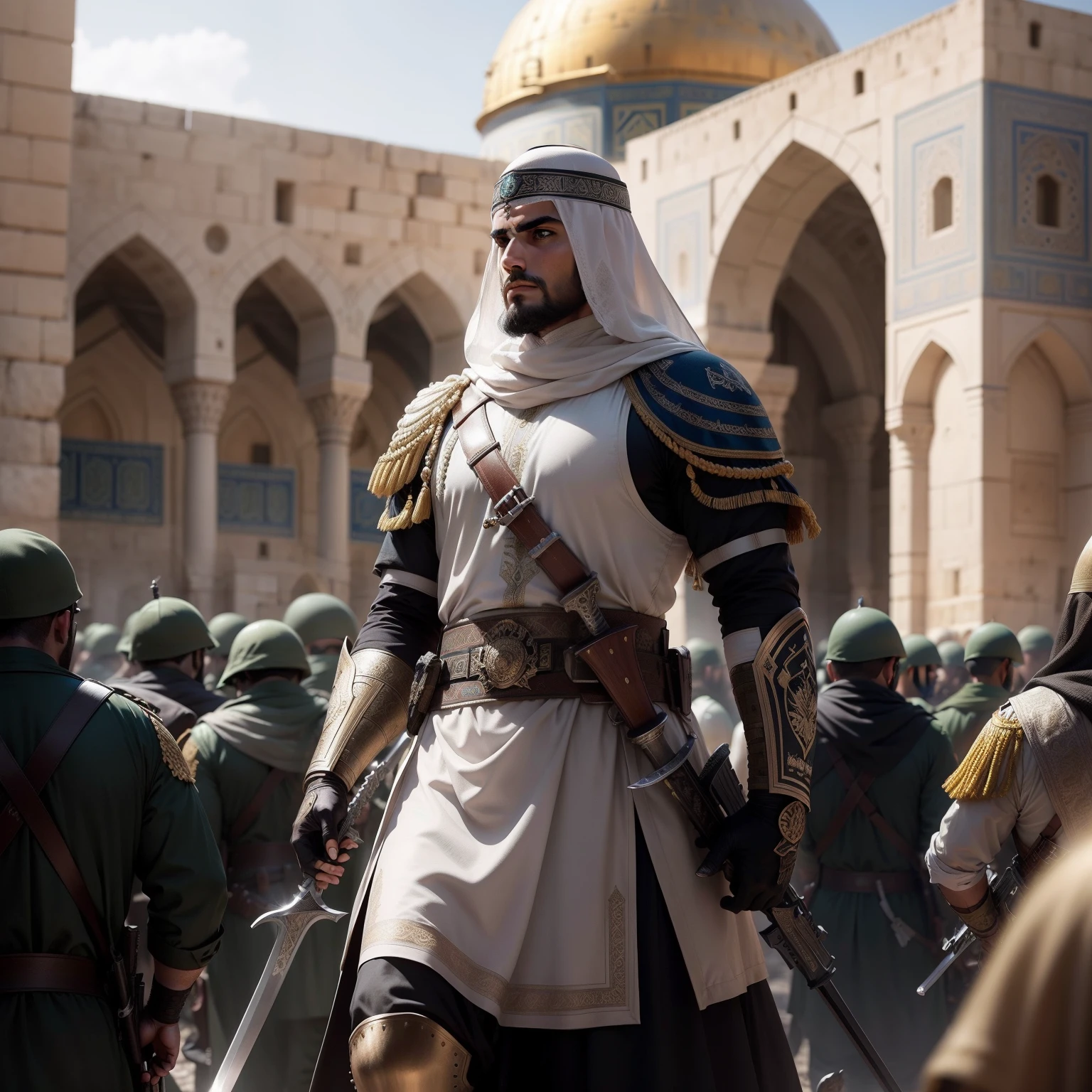 Islamic mehdi army ,army of Islam , Al aqsa mosque conquer ,8k,full quality best photo with arm and swords ,and head skull