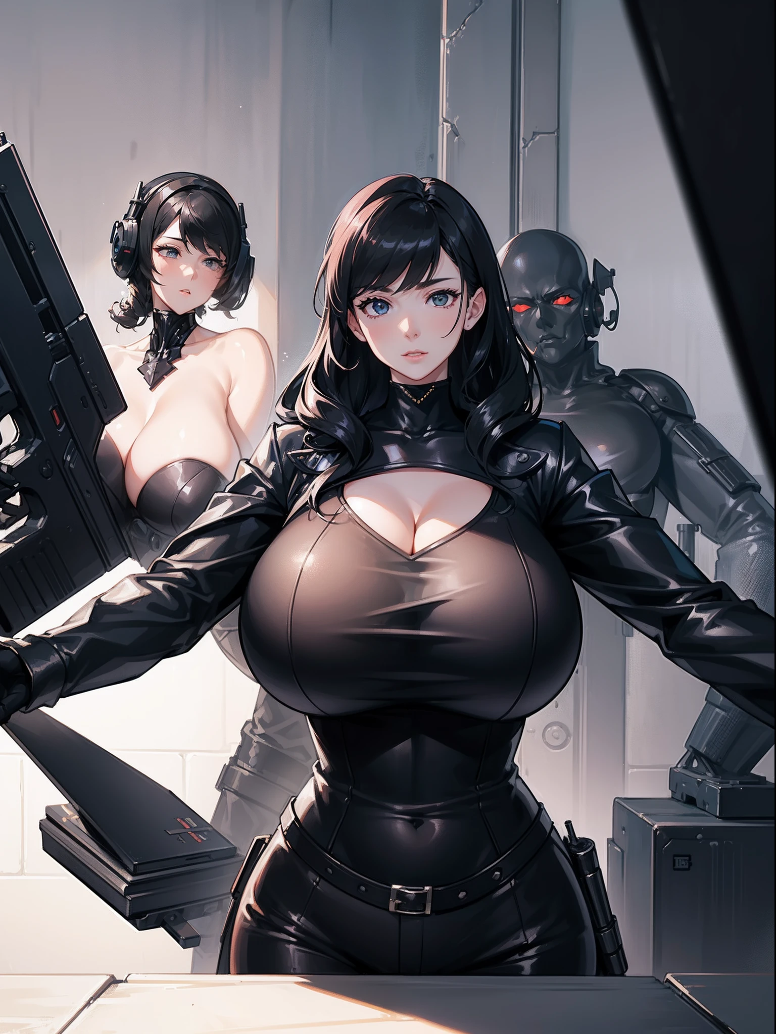 James Bond Lady、((huge bust:1.5))、black suits、pistols、Secret Spy、Secret weapon、One-armed machine gun　Lady、