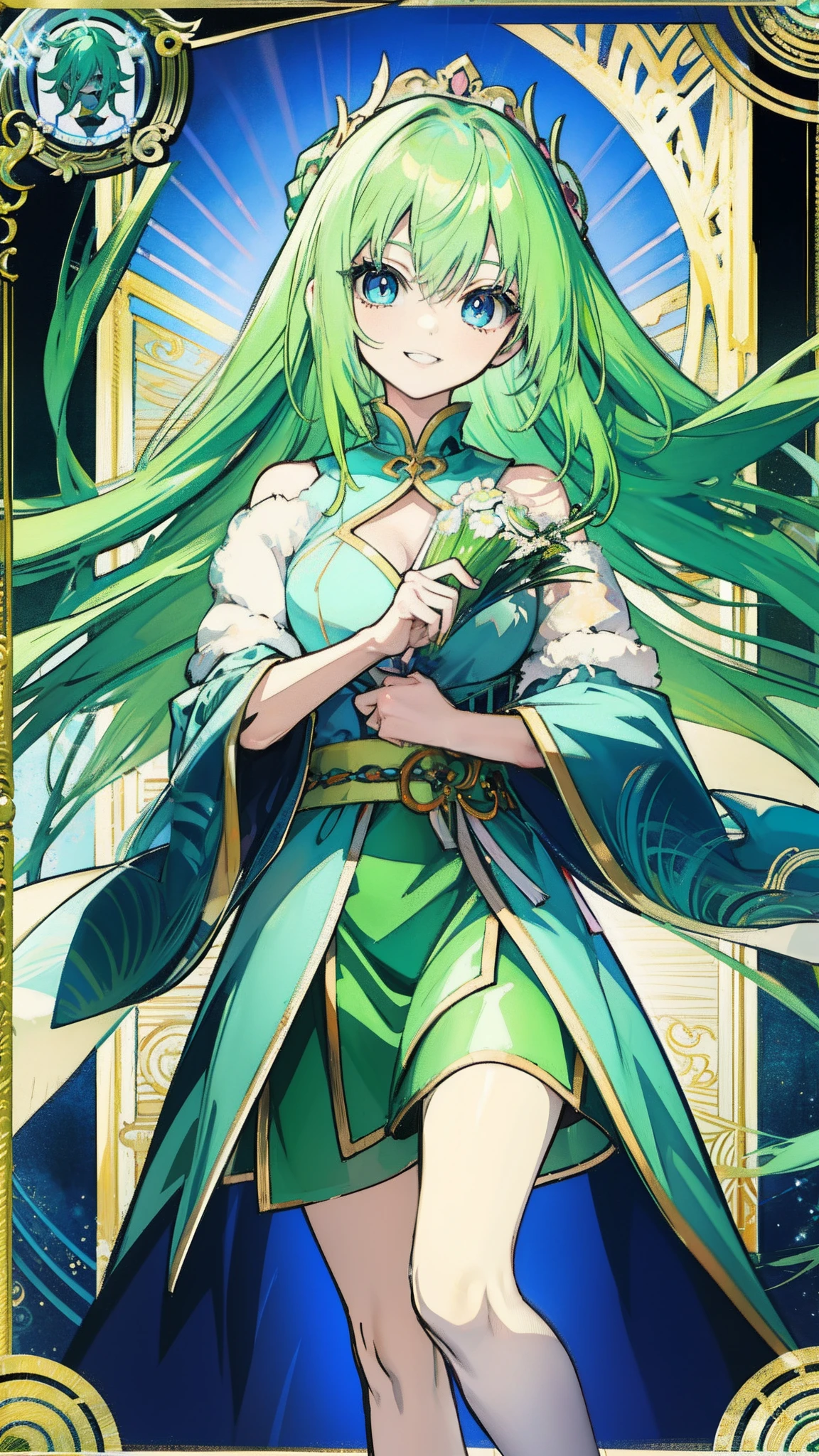 Anime goddess, Green vibrant hair, captivating blue eyes, Elegant and unique smile, Looks like anime art tarot cards.