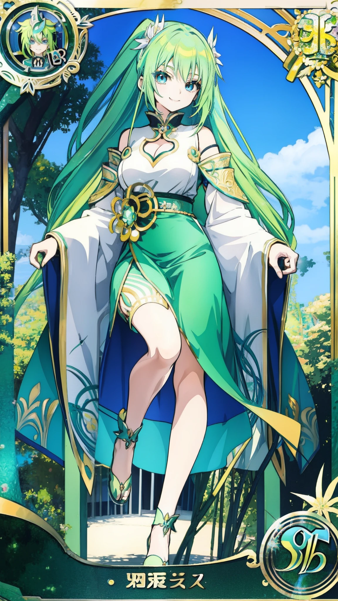 Anime goddess, Green vibrant hair, captivating blue eyes, Elegant and unique smile, Looks like anime art tarot cards.