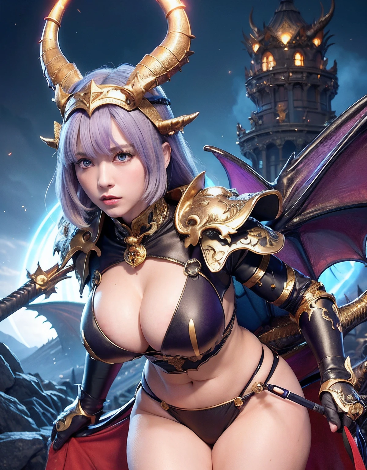 Professional , ​masterpiece、top-quality、photos realistic , depth of fields 、（Dragon Blue Metal Body:1.９),(Enamel purple black、（cleavage of the breast）、Mystical expression、Dragon Gold Weapon、（Red Micro Bikini Armor:1.４),Gorgeous gold weapons ,Particles of light、（（ Dragon's dense and gorgeous sword）） , （demonic wings）、（（a blond））、（Castle background）、（（Gangle's forest background））、（（Fight dragons））、Beautiful Caucasian beauty、１a person、dynamic ungle,(((Detailed and ornate dragon helmet)))、Smaller head、A smile、Castle background、Thin and beautiful female hands、cleavage of the breast、Soldier in iron armor on background、Mystical expression、Light Effects、intense fighting、Wind-effect、magic circles、With the legendary magic wand、Dragon's tail、explosions、Anatomically correct body、
