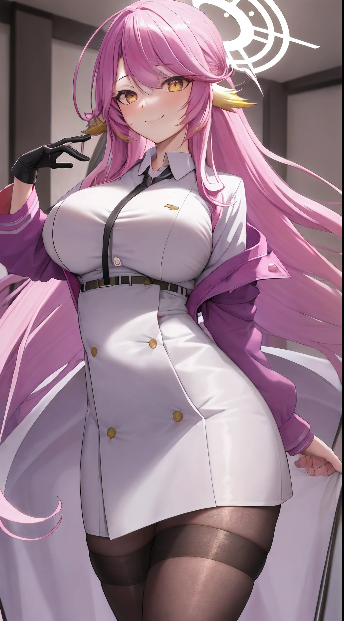 (masterpiece), (8k), dynamic_light, breathtaking, 1girl, solo, lab, (Jibril), pink_hair, yellow_eyes, (sexy), (white_lab_coat), nurse, (black_pantyhose), black_shirt, black_gloves, smile, googles