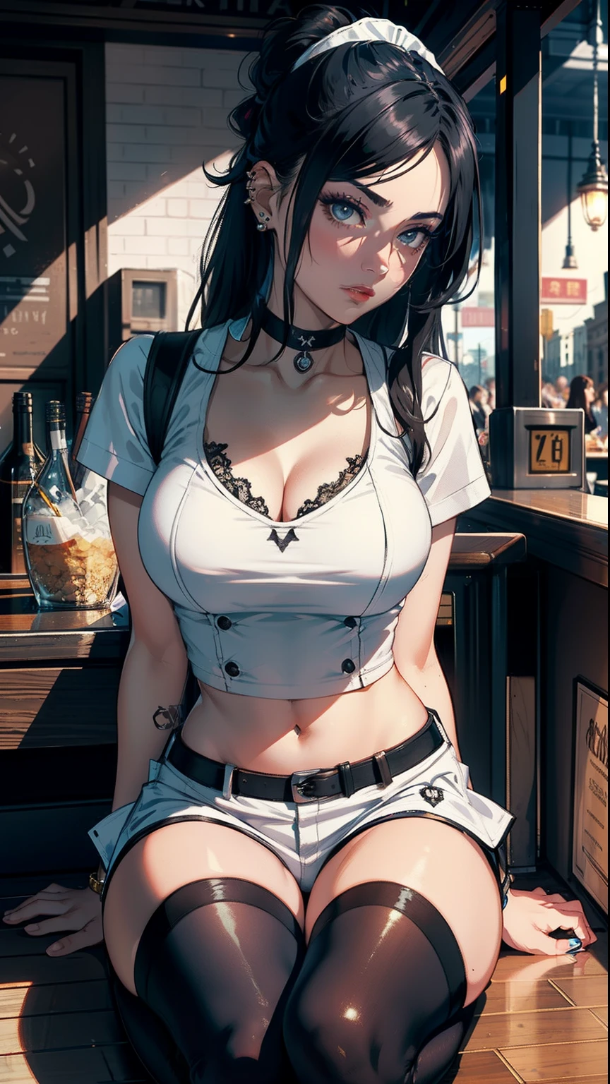 masterpiece, top-quality, Detailed details, Detailed landscapes, beatiful lights, Beautiful Shadows, Female sexy, 26 year old,((scarface)),Black eyes,eye liner,((long hair tied up)),bangle,a choker,piercings,(hotpants),((Ultra-low rise)),(TShirt), Navel Ejection,Kneeling,bars,a bar counter,(((waitresses)))、order,open one's legs,((super low angle)),detailed skin textures, Tyndall effect,(NSFW:1.1)