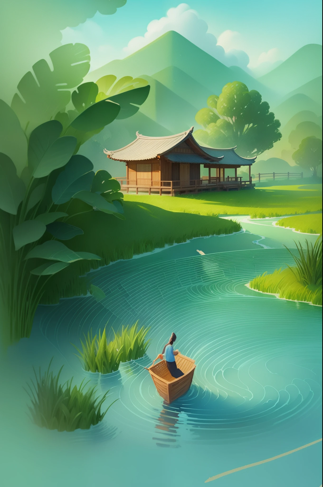 Grow rice in the water, A beautiful artwork illustration, Game illustration, serene illustration, Chinese watercolor style, artwork in the style of z.Show on the. gu, author：Xia Gui, G Liulian art style, Poster illustration, author：Fan Qi, environment design illustration, illustration concept art, author：Qu Leilei