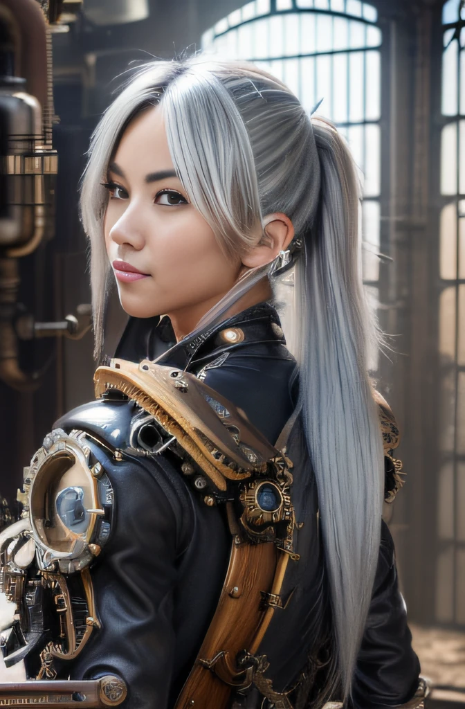 (masterpiece, top-quality:1.3), (Ultra detailed 8K cg:1.2), (hyper realisitic:1.35), (Photorealistic:1.45), (Realistic:1.4), 1 beautiful Japanese girl, (silver hair:1.2), (ponnytail:1.2), (Tanned skin:1.5), Black Gal, flat chest, (gal make:1.3), (Looking back), Dynamic lighting, Cinematic Angle, (steampunk attire:1.3), leather jacket, gear accessories, (Steampunk town:1.5), Steam town, (action:1.5),