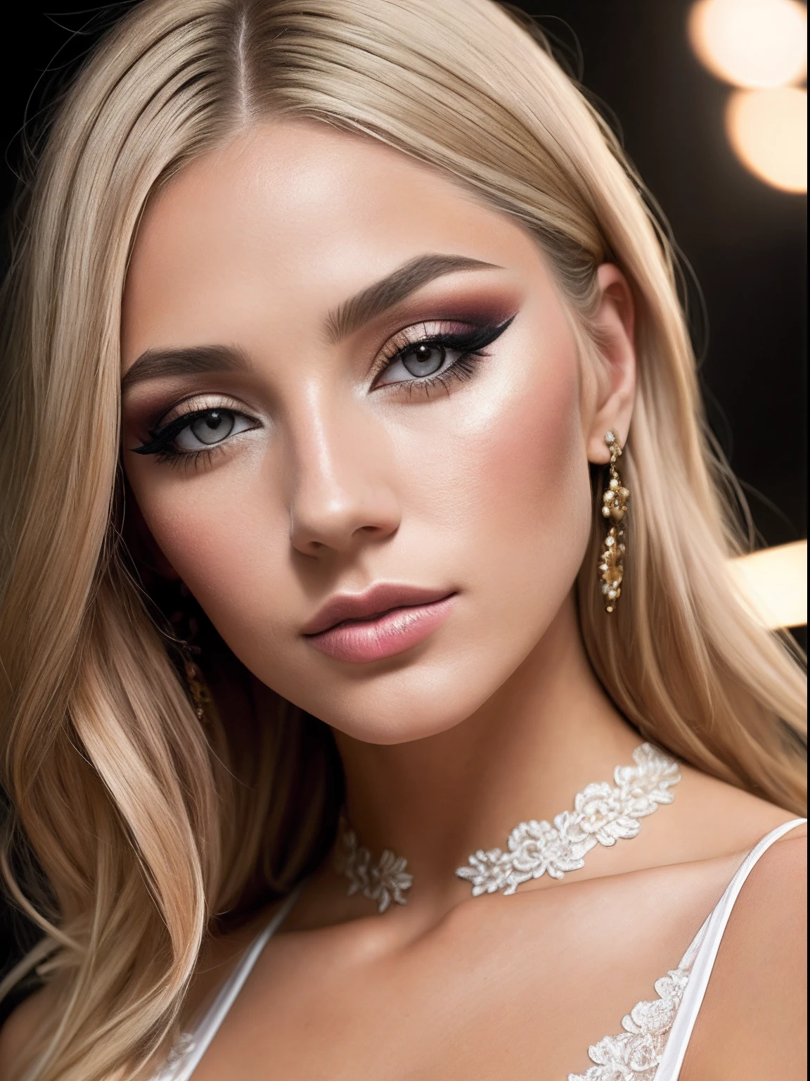 A portrait of a blonde, (makeup:1.4), amazing body, (fit body:1.2), lace outfit, highly detailed fur, natural skin texture, 4k textures, detailed belly, Highly detailed perfect smooth skin, Lightroom, Intricate, Ultra-Realistic, Out There, (HDR:1.3), UHD, (Intricate Detail, Hyper-Detailed:1.1), Cinematic, Photoreal, (Dark Shot:1.2), Dramatic, High Contrast, (Warm Color:1.1) , muted colors, master piece, elegant, sharp focus, Gucci bandana