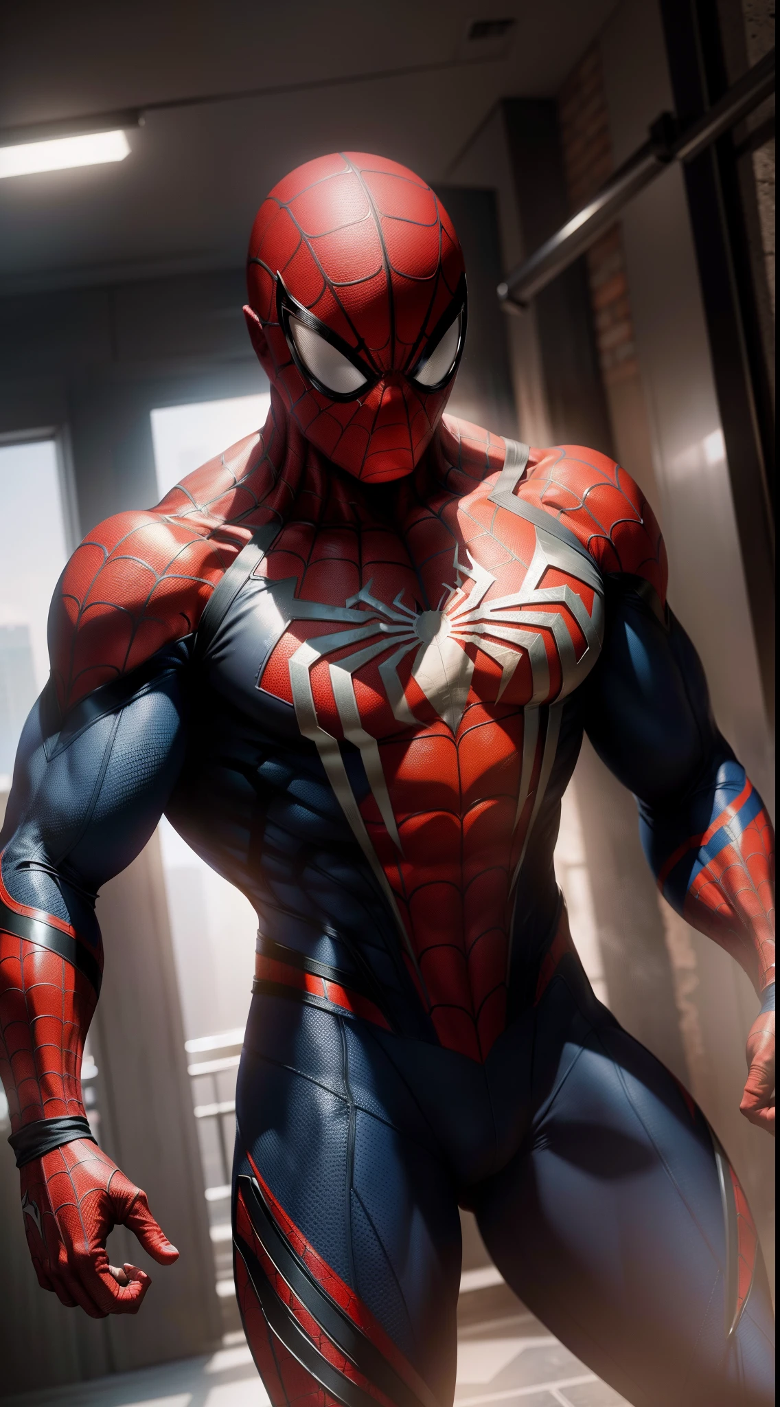 A  (younscular mexican hero with Spider-man suit, massive muscular bodybuilder, Gigachad, White costume with red cobwebs ((Suit White and Red)). body full of huge muscles, V-shape body, prominent pectorals, chiseled abs. Very handsome teen. Mas((His mask covers his entire head, Spider-man mask)).