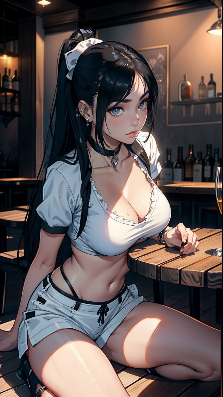 ​masterpiece, top-quality, Detailed details, Detailed landscapes, beatiful lights, Beautiful Shadows, Female sexy, 18year old,((scarface)),Black eyes,eye liner,((tied up long hair)),bangle,a choker,piercings,(hotpants),((Ultra-low rise)),(ＴShirt), Navel Ejection,Kneeling,bars,a bar counter,(((waitresses)))、order,open one's legs,((super low angle)),detailed skin textures, Tyndall effect,(NSFW:1.1)