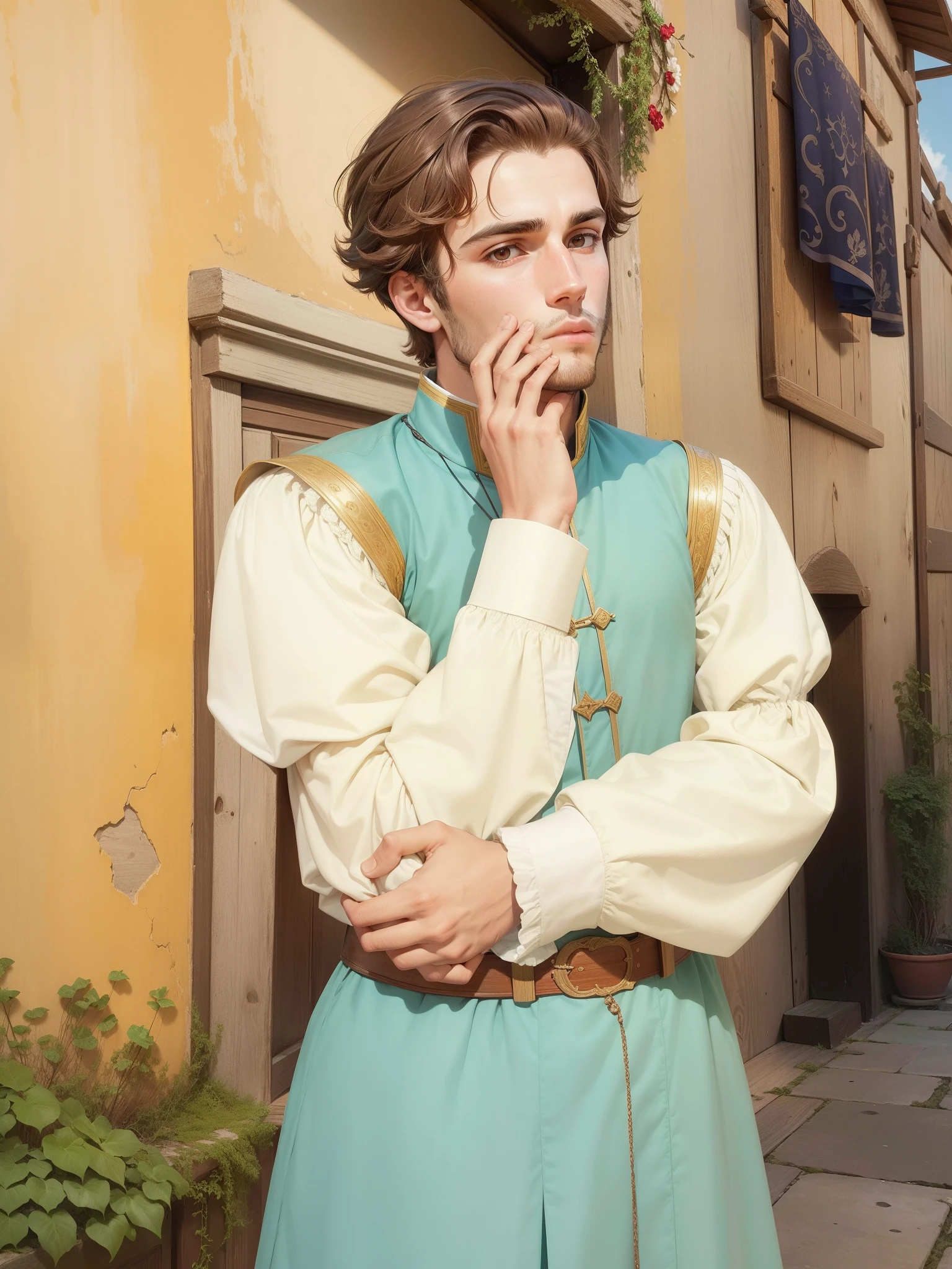 Alvaro de Mesquita, clothes of supernumerary on ship, clothes of ordinary officials on medieval ship, 16th century, renaissance, age of exploration, brown hair, young, age of 24, man, Portuguese, unsure, thinking pose, mediocre,Featureless, not impressive, helpless, timid, amiable, peaceful