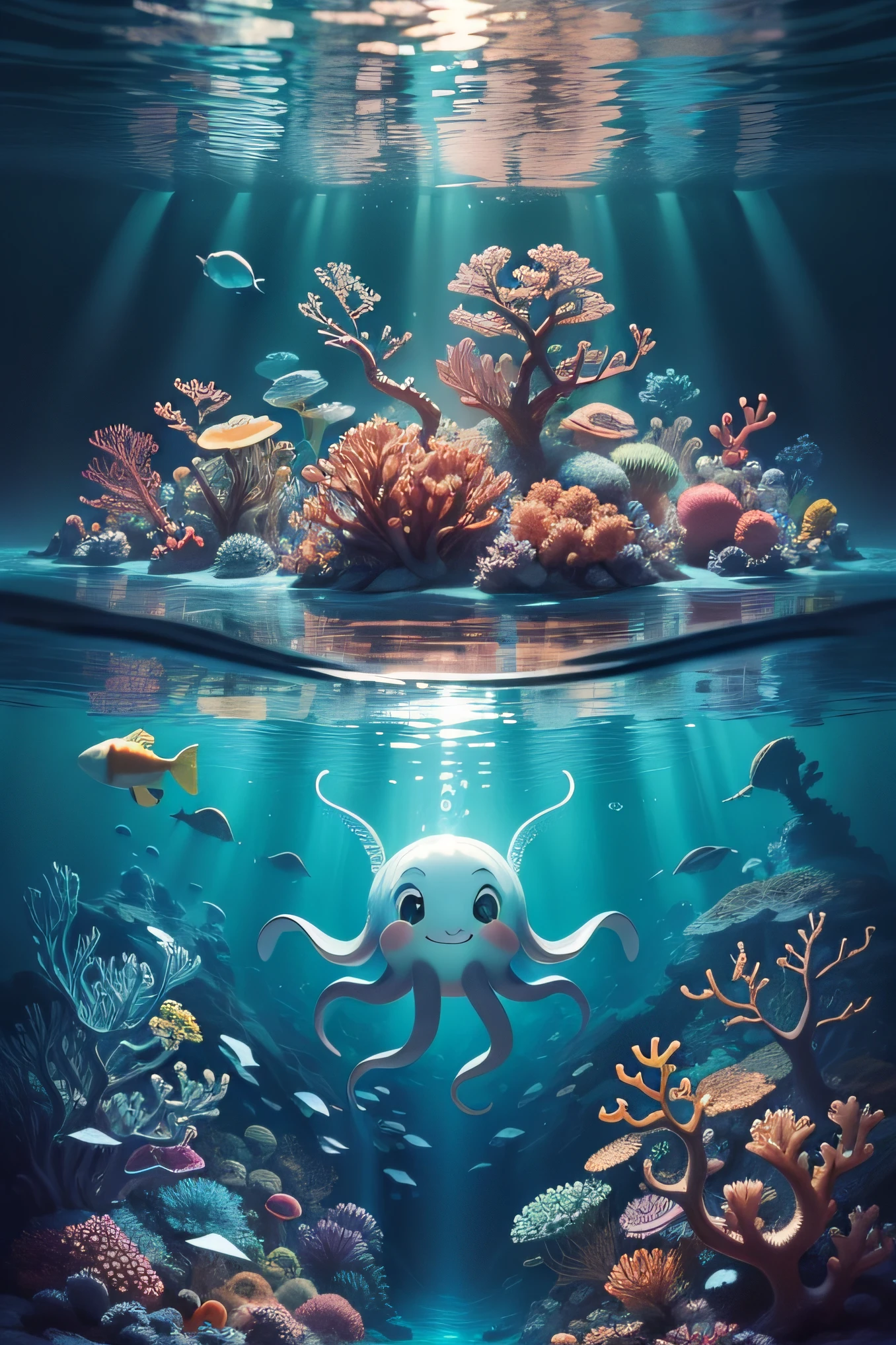 Please create a charming picture for a children's book. In the center of the image, there is a friendly octopus with eight tentacles, smiling happily. He's swimming at the bottom of the ocean, surrounded by colorful corals that rise up like magical towers. Playful little fish swim around the octopus, as if participating in an underwater dance. The water is crystal clear and gently shimmers with sunlight that penetrates from the waves at the surface. I want this image to be full of vibrant color and convey the wonder and beauty of the underwater world to children as young as .