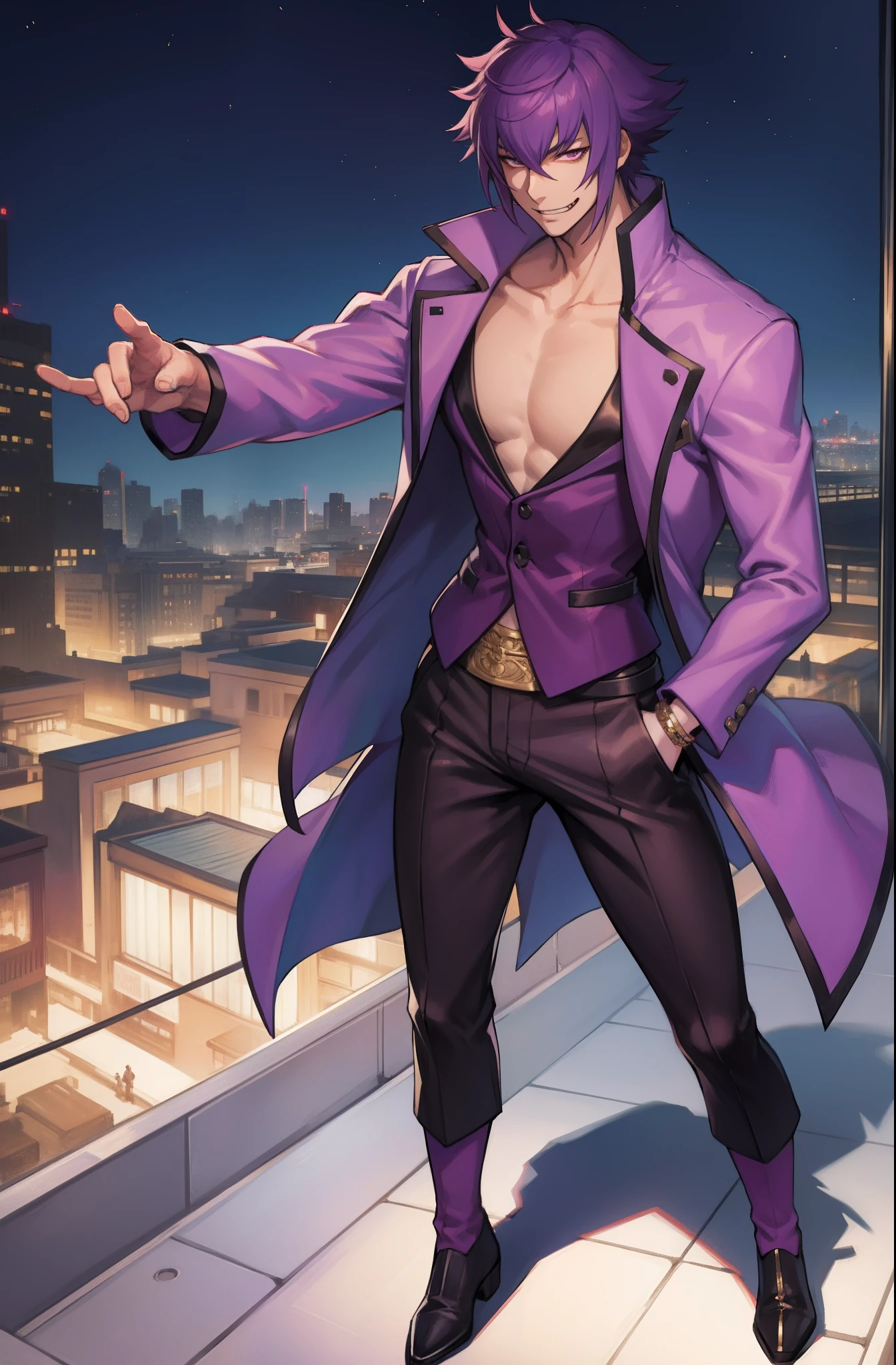 mirokujiyuuya, yanke, short hair, purple hair, ,, vest, pants, ,, pullover, coat, smug, standing, solo focus, full body, walking, city, one character,, 1boy, glass, smug, arrogant,mid muscular,full clothed, muscular pec, black-shirt, full body