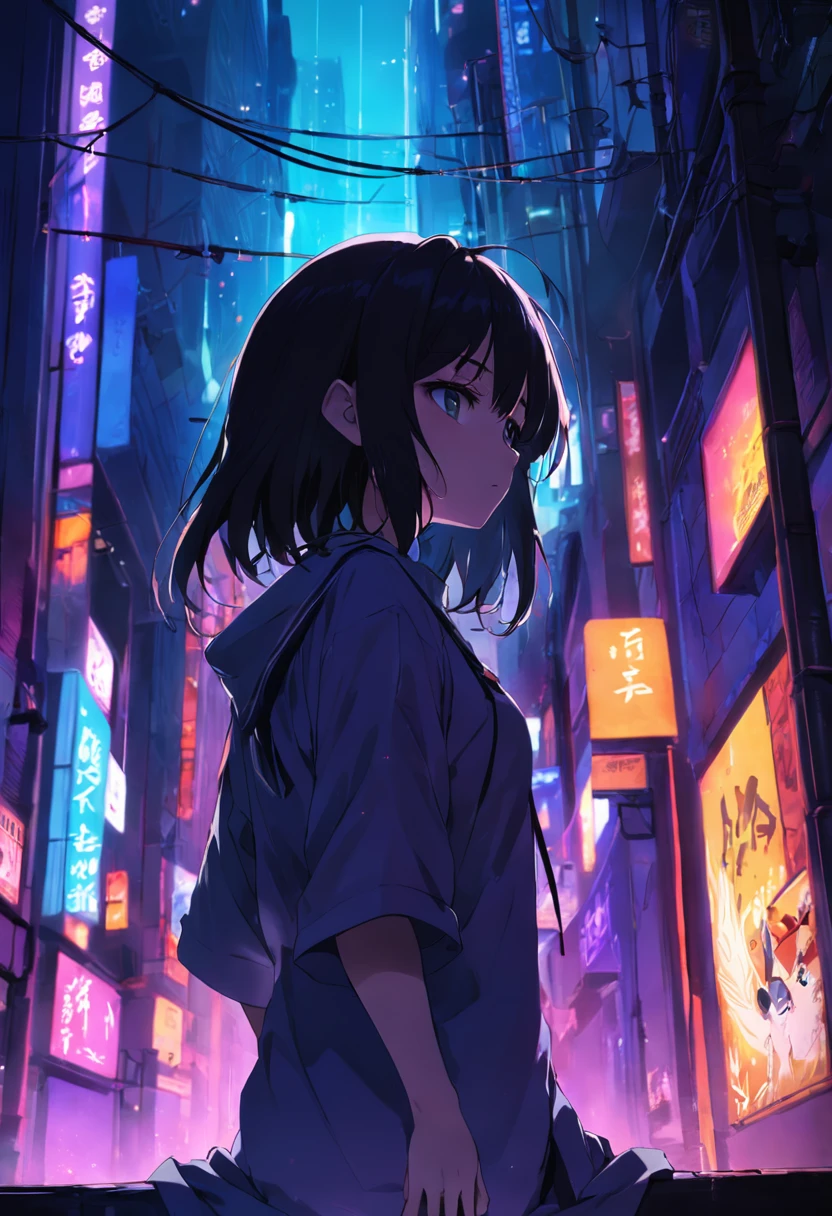 rays of black light, 1womanl, do lado de fora, natta, city light, leaning back against the wall,Lonely back