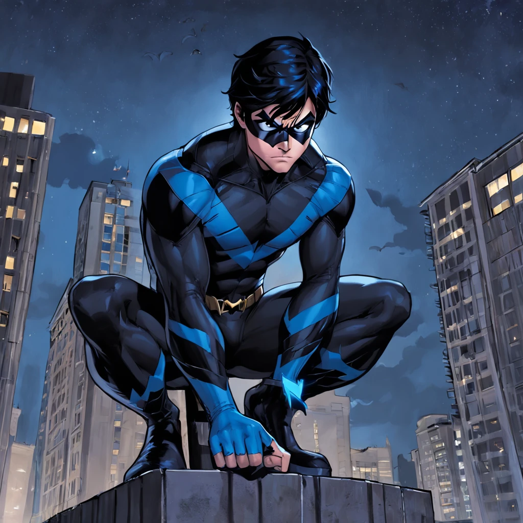 Heroi Nightwing watching over a building, ::style anime, cores vivas, ultra detalhado ::style ::n pintura digital, realista, rosto deformado, corpo deformado