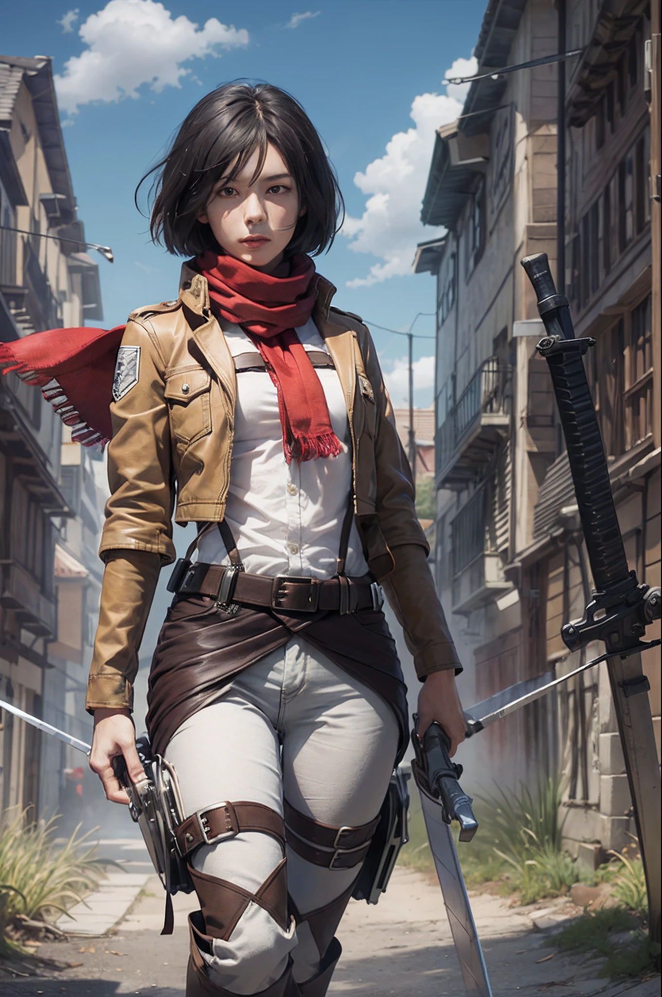 Mikasa, Masterpiece, Best quality, A high resolution, Short hair, Black eyes, Scarf, emblem, belt, thigh band, Red scarf, White pants, Brown jacket, Long sleeves, holding weapon, sword, dual wielding, Three-dimensional electric gear, Arms spread wide, standing on one leg, Wide shot, sky, Highest quality, high resolution.