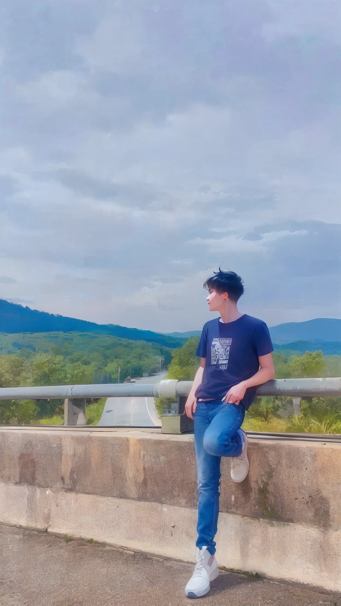 masterpiece, best quality, high quality, 1boy, solo, male focus, (lower his head:1.2), (cold light:1.2), (blue_eyes:1.2), (mullet:1.2), (black hair:1.2), (T-shirt:1.2), (hands behind his back:1.2)