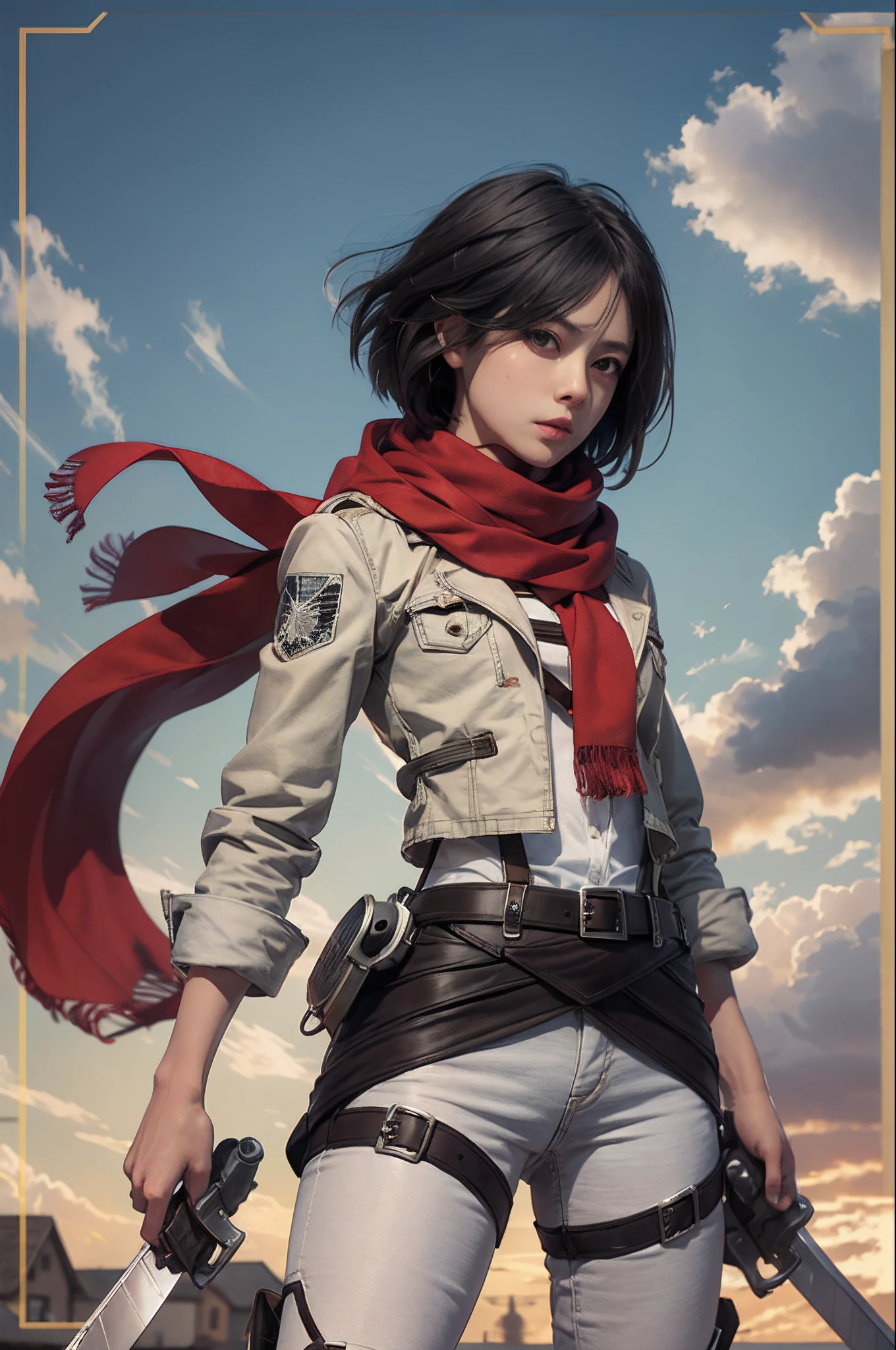 Mikasa, Masterpiece, Best quality, A high resolution, Short hair, Black eyes, Scarf, emblem, belt, thigh band, Red scarf, White pants, Brown jacket, Long sleeves, holding weapon, sword, dual wielding, Three-dimensional electric gear, Arms spread wide, standing on one leg, Wide shot, sky, Highest quality, high resolution.