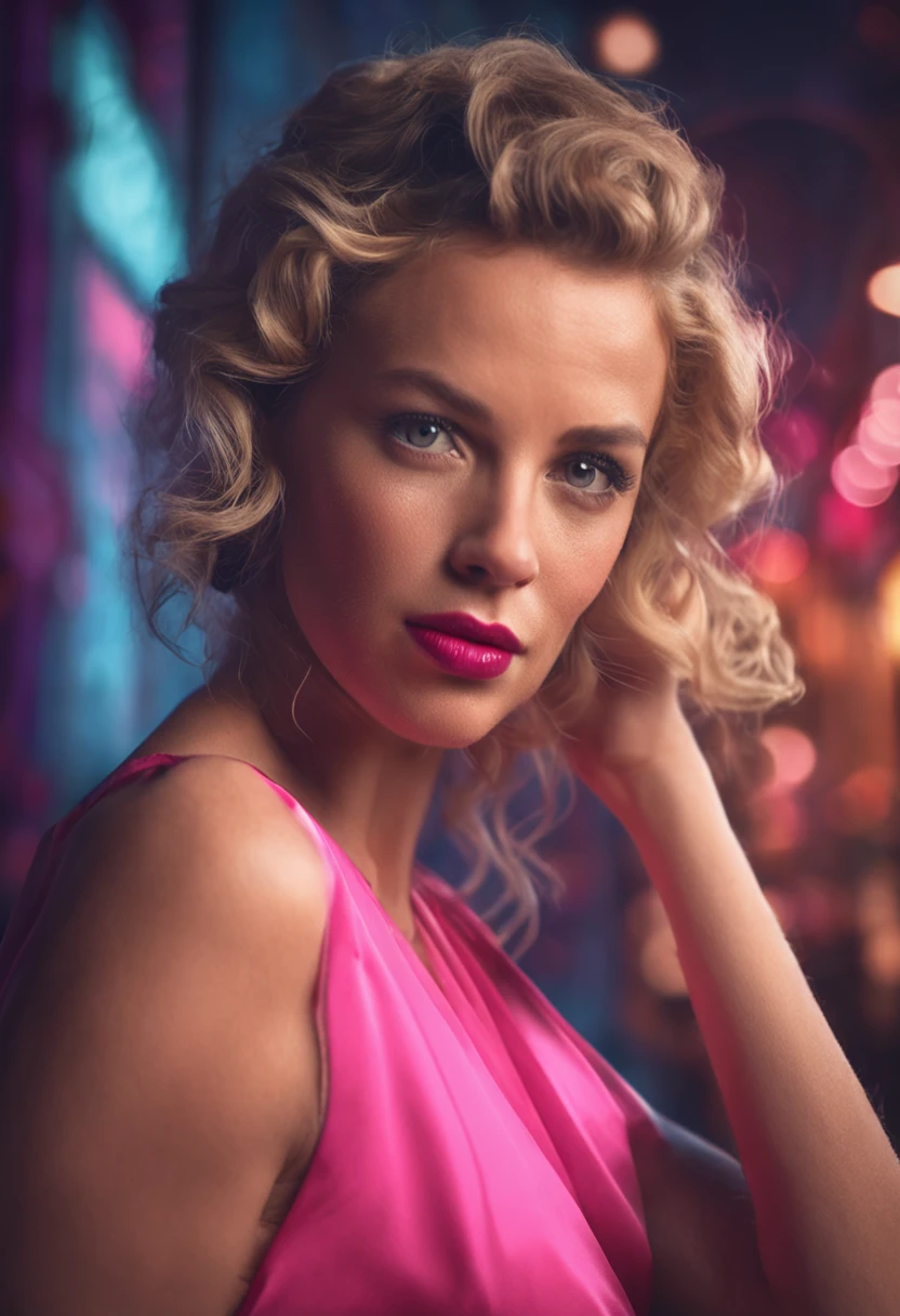 european woman, with blonde curly hair, azure eyes, slightly upturned nose, juicy lips slightly open, in a sexy evening pink dress, at a party at a palace in dubai. seed: 420831651 --auto
