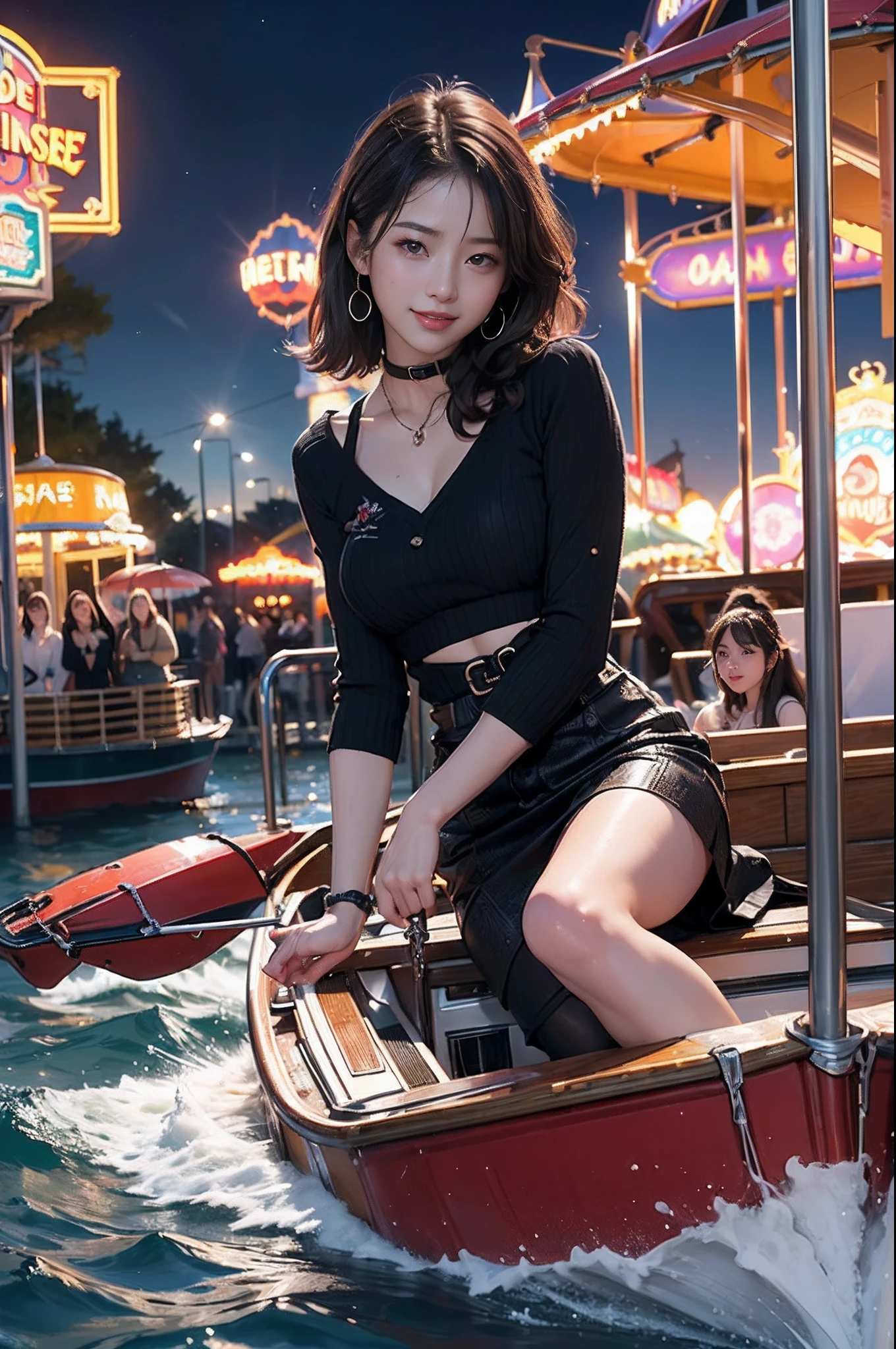 (8K、top-quality、超A high resolution、​masterpiece:1.2)、(Photorealsitic:1.4)、(detailed skins:1.3)、1人、Beautiful model at 18 years old、Perfect Style、Beautiful Japan actress、Fashionable clothing、Trendy clothes、(Detail Eye) 、A smile、(Night amusement park、Lit up、illuminations)、Luminous balloon、Happiness、the Ferris wheel、rollercoaster、Elaborate CG 8K wallpapers、dynamicposes、full body Esbian、beautiful  lighting、profetional lighting、(foco nítido)、(Ride a sightseeing boat at an amusement park:1.6)