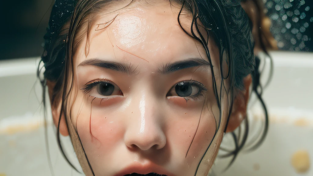 ((top quality, 8k, masterpiece: 1.3)), woman (naked in hot springs), sweating, water droplets on forehead of face, outdoors, background urban cityscape, overhead camera, sharp focus: 1.2, cute woman: 1.4, (((layered haircut)), (white shirt), very detailed face and skin and hair texture, knotted black hair, wet texture hair, wet body, detailed eyes, Double eyelids, white skin, beautiful legs, beautiful delicate nose, cute young Japan woman, 28 years old, with dynamic angles, it is pleasing to the eye and suggestive composition, while emphasizing the subject's hair, eyes, mouth and action, while exuding melancholy emotions characterized by a contrasting mix of calm tones and light and shadow.