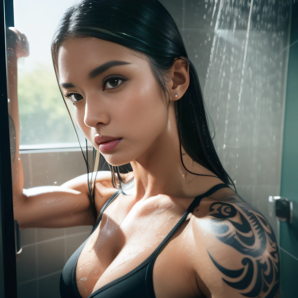 best quality, masterpiece, highres, ((1girl)), Beautiful face, photorealistic, 8k, UHD, long hair, ((beautiful arm tattoos)), muscular, ((toned abs)), sweat, Asian, female, dark skin, large boobs, cleavage, (high detailed skin:1.2), 8k uhd, dslr, high quality, candid, Photograph, high resolution, 4k, 8k, in the gym, looking at the camera, facing the camera, sportswear, in the shower, water falling on her, showering, under the shower, shower water, very wet,
