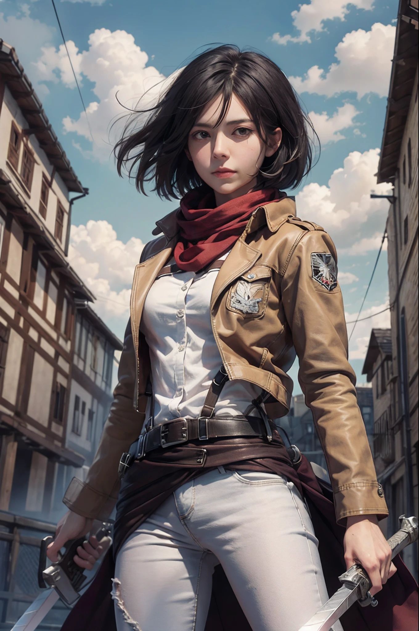 Mikasa, Masterpiece, Best quality, A high resolution, Short hair, Black eyes, Scarf, emblem, belt, thigh band, Red scarf, White pants, Brown jacket, Long sleeves, holding weapon, sword, dual wielding, Three-dimensional electric gear, Arms spread wide, standing on one leg, Wide shot, sky, Highest quality, high resolution.