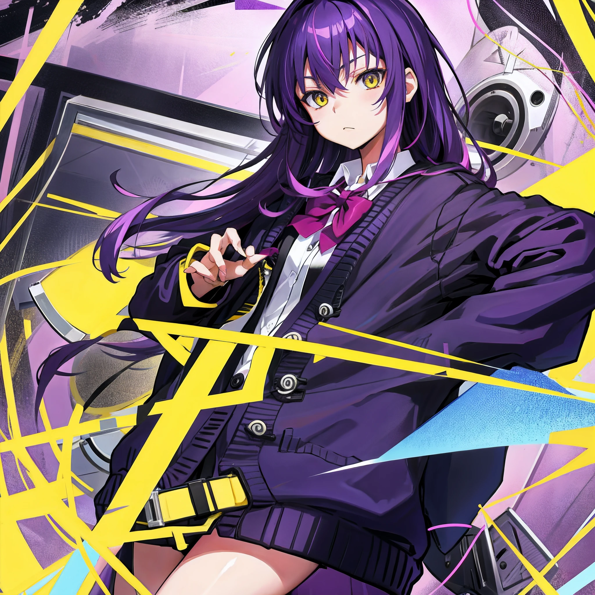 high school student,purple color  hair,yellow  eyes,Navy blue cardigan、No handle