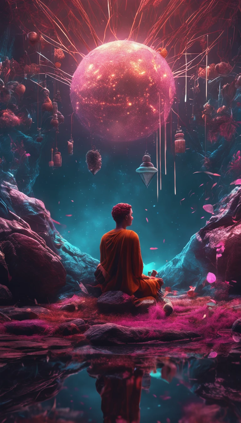 Movie characters in meditation, Surrounded by natural elements and illuminated symbols, Convey the concept of depth, Self-awareness reflection